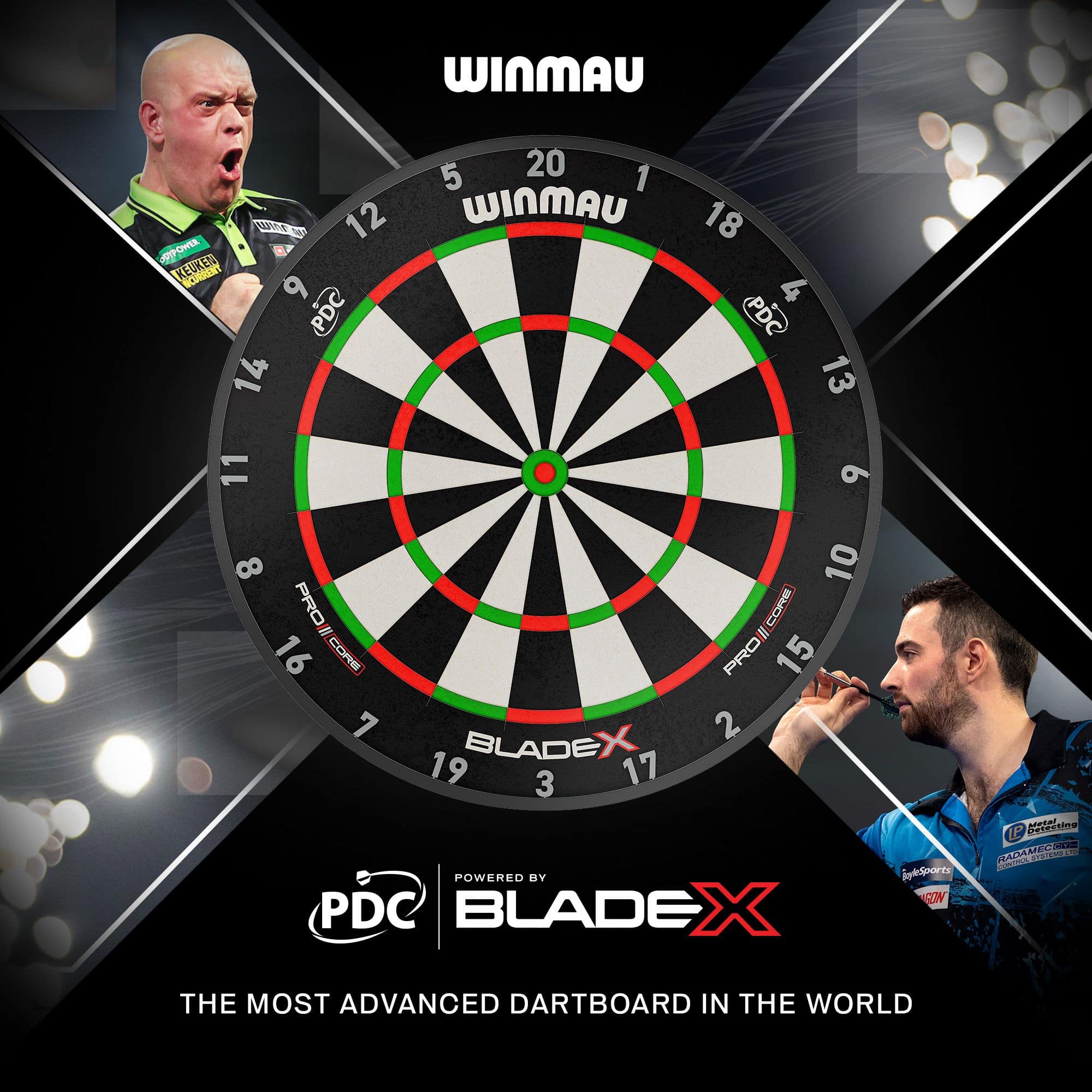 Winmau Blade X ProCore steel dartboard Auf dem Bild ist ein Winmau Blade X ProCore Steeldartboard zu sehen. Es ist für den Gebrauch mit Steeldarts geeignet.