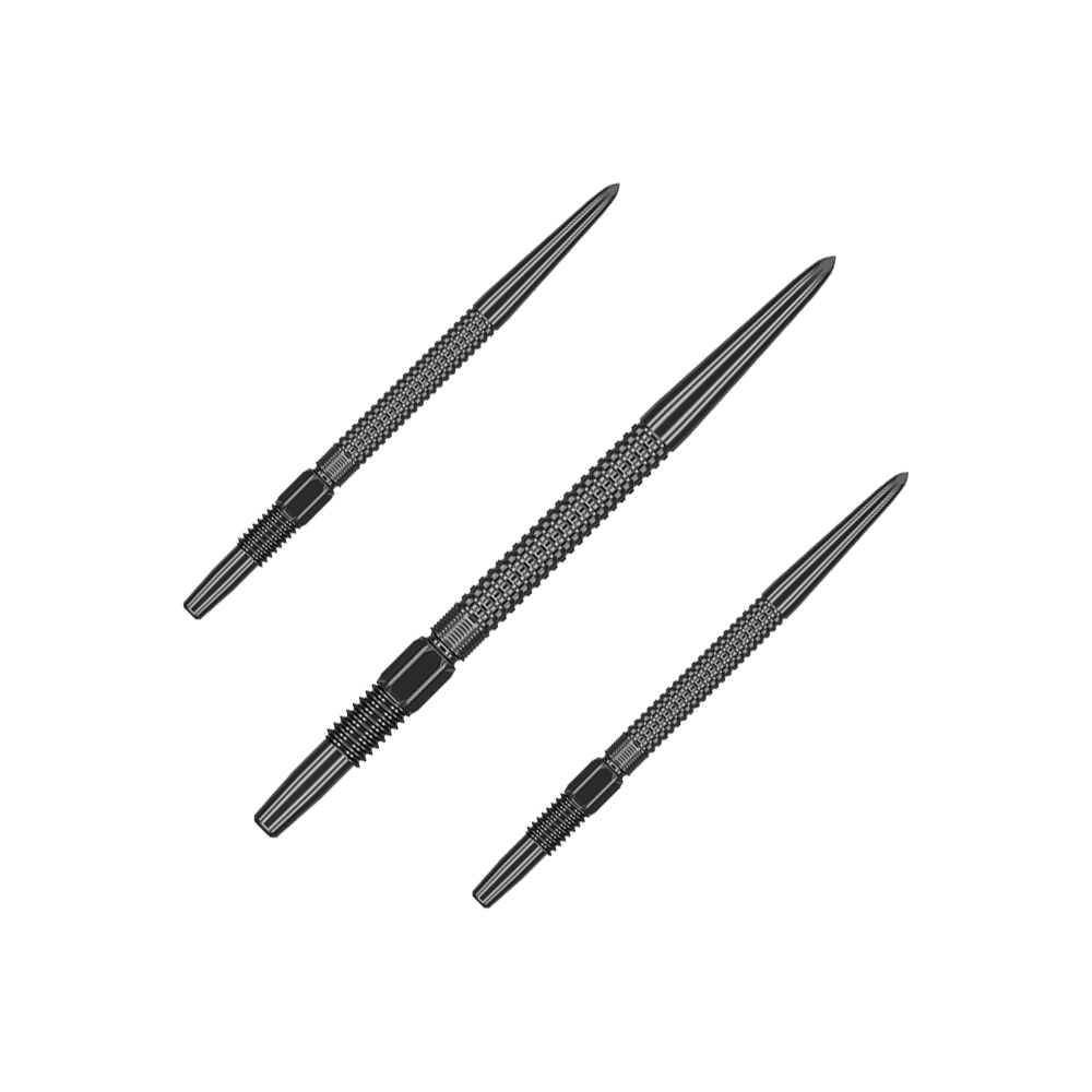 Target Swiss Point Nano Dartspitzen - Black Das Bild zeigt drei schwarze Dartspitzen des Produkts "Target Swiss Point GRD Black Dartspitzen". Die Spitzen haben eine strukturierte Oberfläche für besseren Halt.