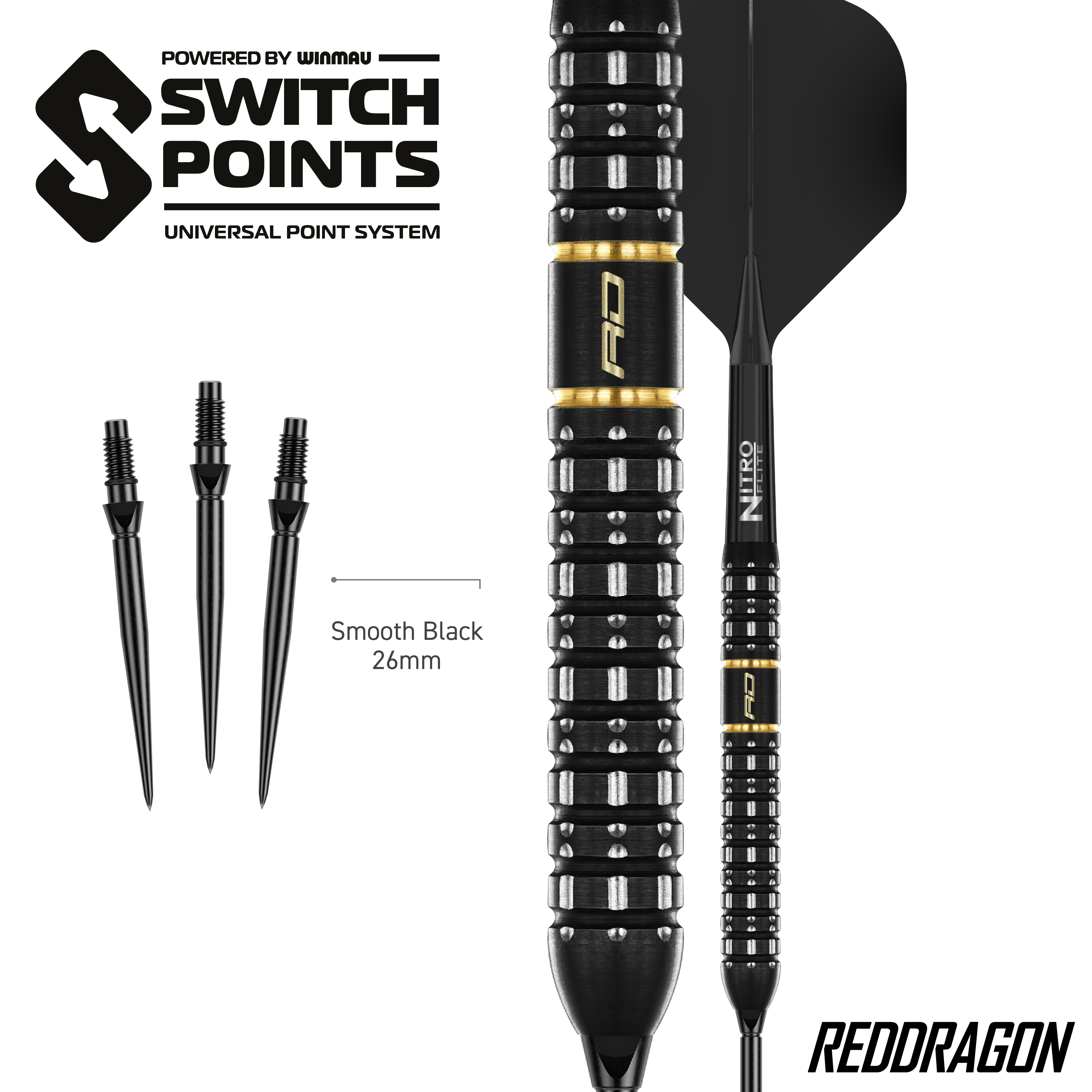 Das Bild zeigt die Red Dragon Ascend Parallel Switch Point Steeldarts. Die Darts sind seitlich abgebildet und zeigen das spezielle Barrel-Design.