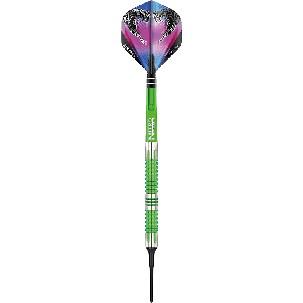 RD1917-Red-Dragon-Peter-Wright-Snakebite-Mamba-2-Softdarts-1ihegDLofLWykx Das Bild zeigt einen Softdart der Marke "Red Dragon Peter Wright Snakebite Mamba 2". Der Dart hat ein auffälliges grünes Griffstück und eine Flight mit Schlangenmotiven.