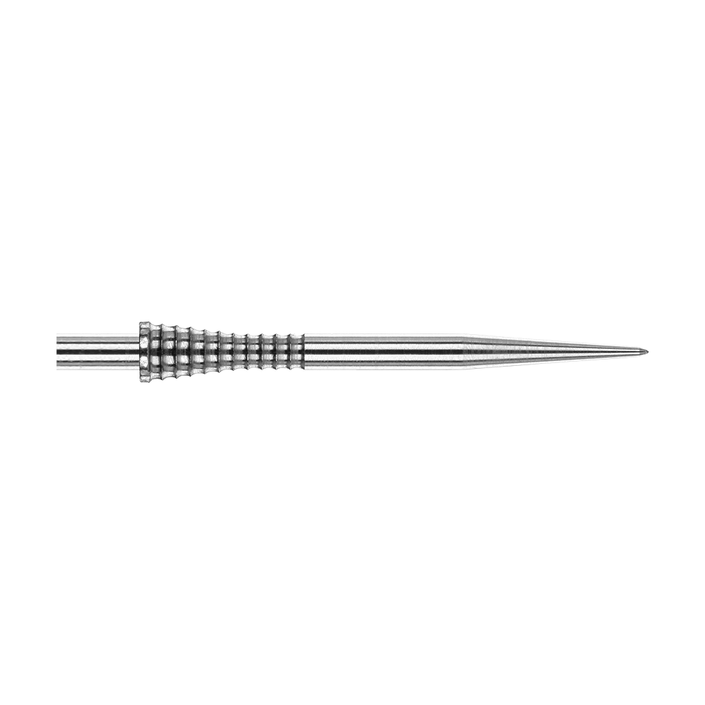 Red Dragon Raptor Gripped Silver steel dart tips 38mm Das Bild zeigt die Red Dragon Raptor Gripped Silver Steeldartspitze mit einer Länge von 38 mm. Die Dartspitze besteht aus silbernem Metall und hat einen geriffelten Griffbereich für besseren Halt.