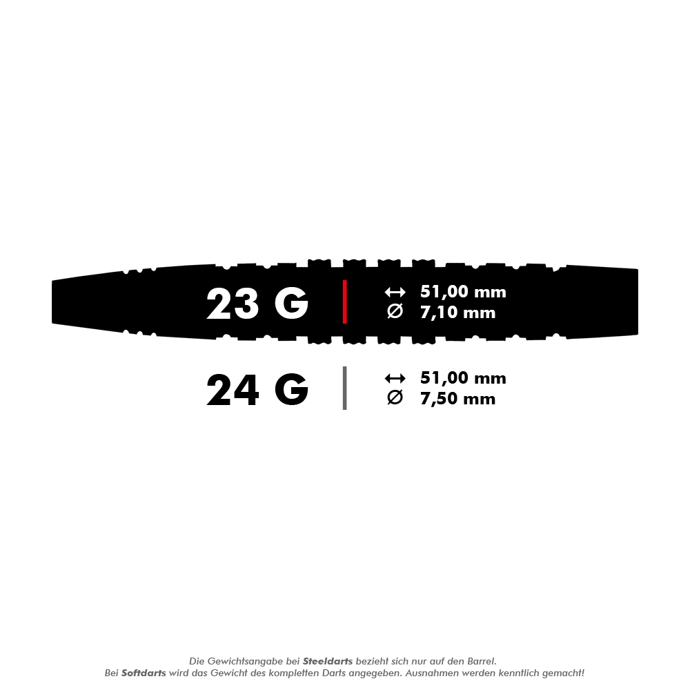 66937_Shot_Americana_The_Wrangler_Steeldarts_5_23g Das Bild zeigt zwei verschiedene Steeldarts mit den Gewichten 23 g und 24 g. Die Abmessungen betragen jeweils 51,00 mm Länge, mit Durchmessern von 7,10 mm (23 g) und 7,50 mm (24 g).