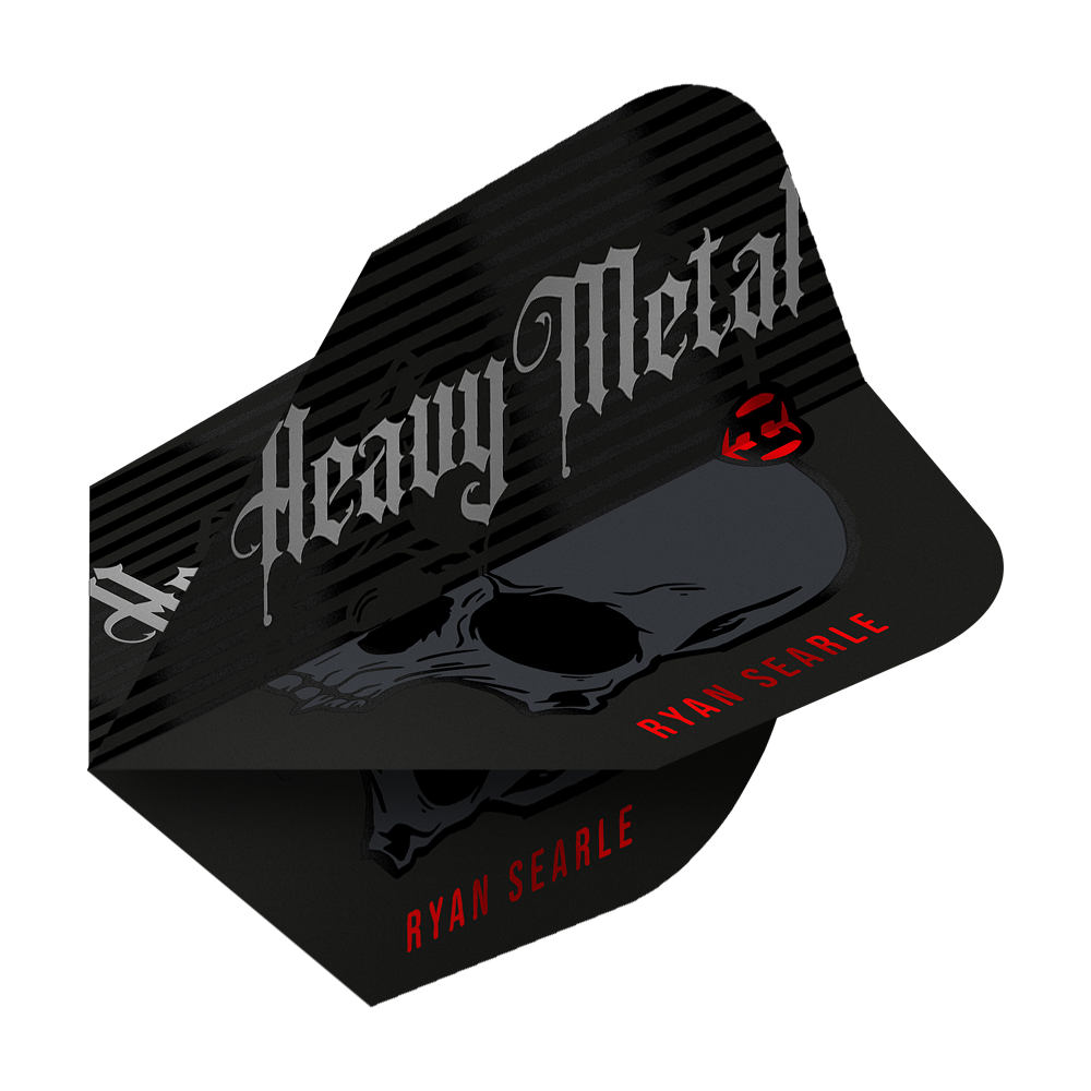 Harrow's Ryan Searle Heavy Metal Series 2 Flights Das Bild zeigt ein Dart-Flight mit der Aufschrift "Heavy Metal" und einem Totenkopf-Design. Unten steht in roten Buchstaben der Name "Ryan Searle".
