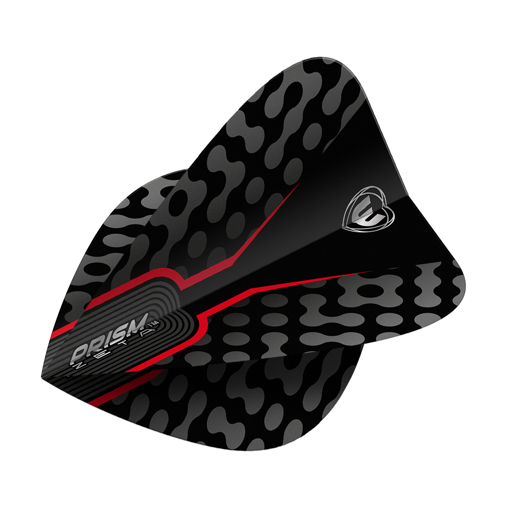Winmau Zeta Black Red Kite Flights Das Bild zeigt einen Winmau Zeta Black Red Kite Flight. Das Design ist schwarz mit roten Akzenten und einem grauen Muster.