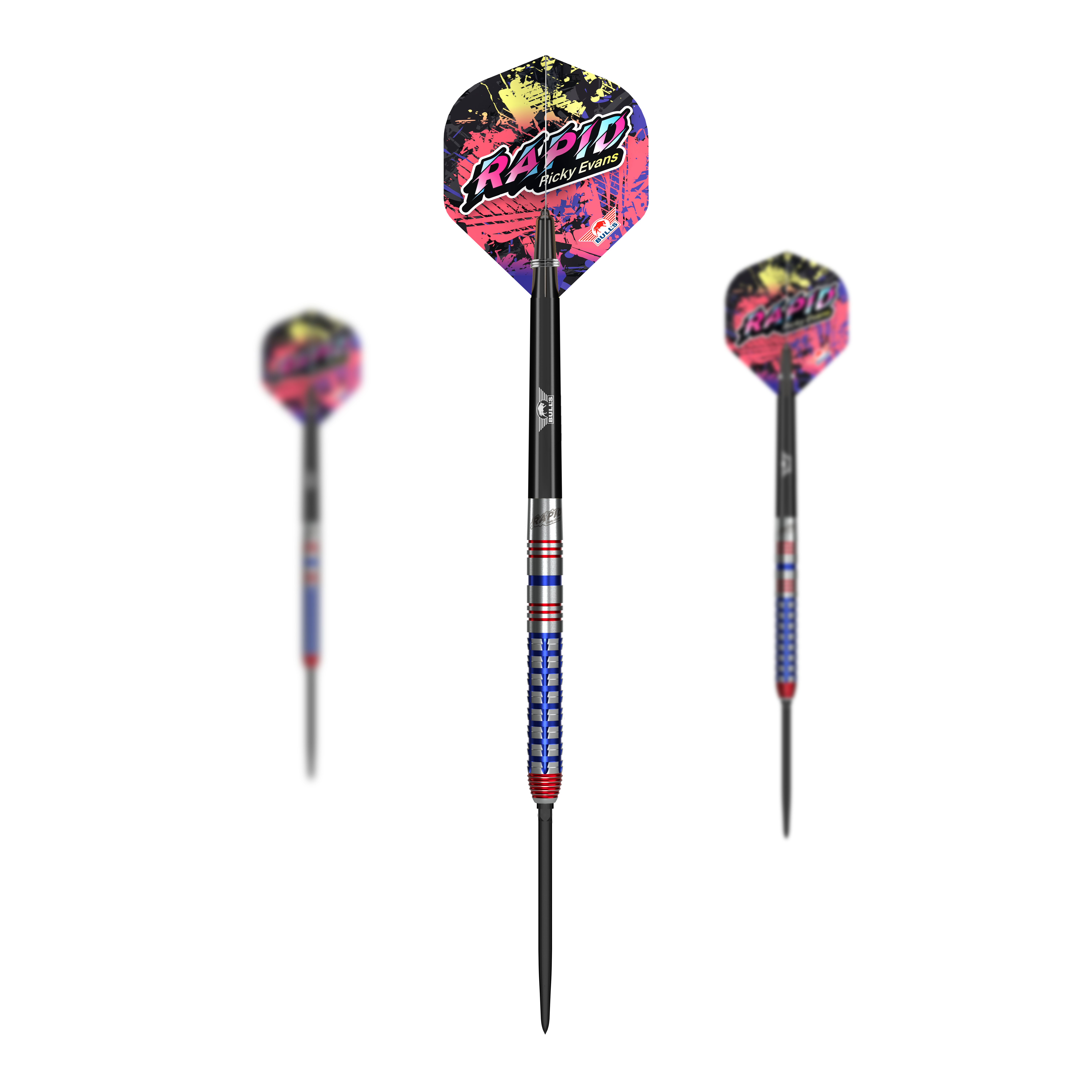 Bulls NL Ricky Evans Rapid Convertible Point Steel Darts Zu sehen ist das Produkt Bulls NL Ricky Evans Rapid Convertible Point Steeldarts. Es werden mehrere Pfeile gezeigt.
