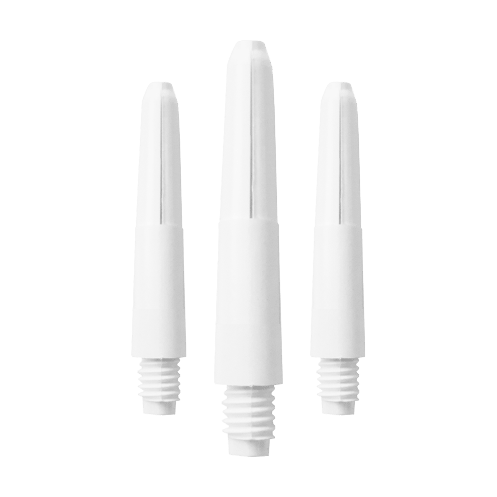 580_Nylon_Shafts_Schneeweiss_28mm_1TAbGTrpmPAx28 Das Bild zeigt drei weiße Nylon-Schäfte mit Schraubgewinde. Sie sind nebeneinander vor weißem Hintergrund angeordnet.