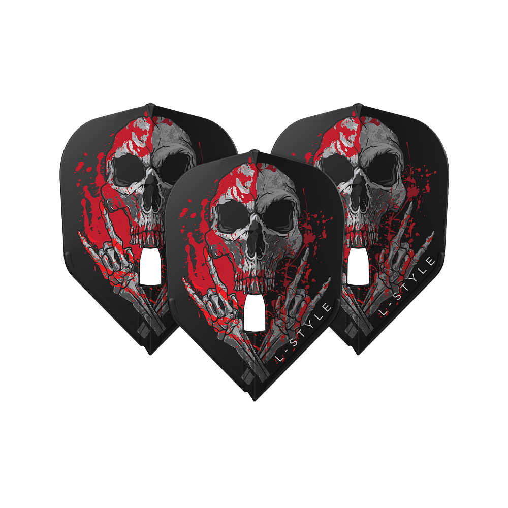 L-Style Ryan Searle V3 L3PRO Black Flights Das Bild zeigt drei schwarze Dart-Flights mit einem auffälligen Totenkopf-Design und roten Farbspritzern. Unten auf den Flights steht der Schriftzug "L-STYLE".