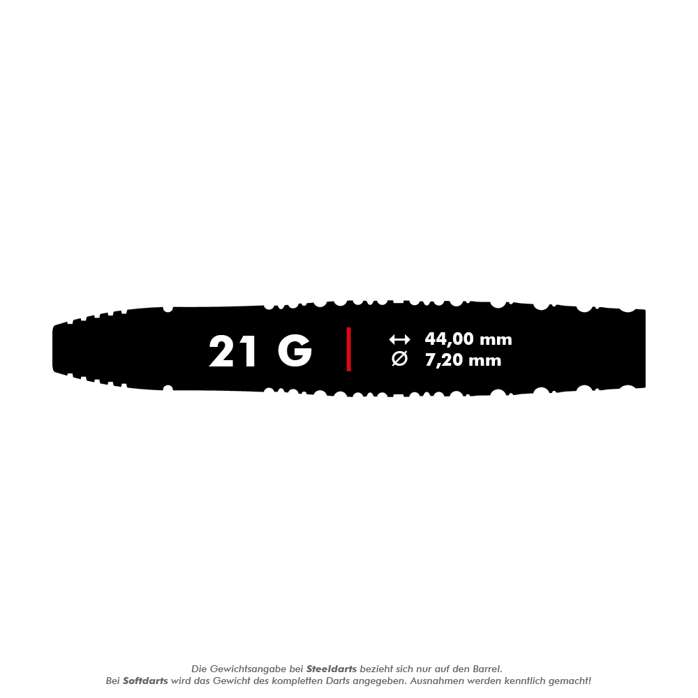 Das Bild zeigt einen Dartpfeil mit der Aufschrift "21 G". Die Länge beträgt 44,00 mm und der Durchmesser 7,20 mm.