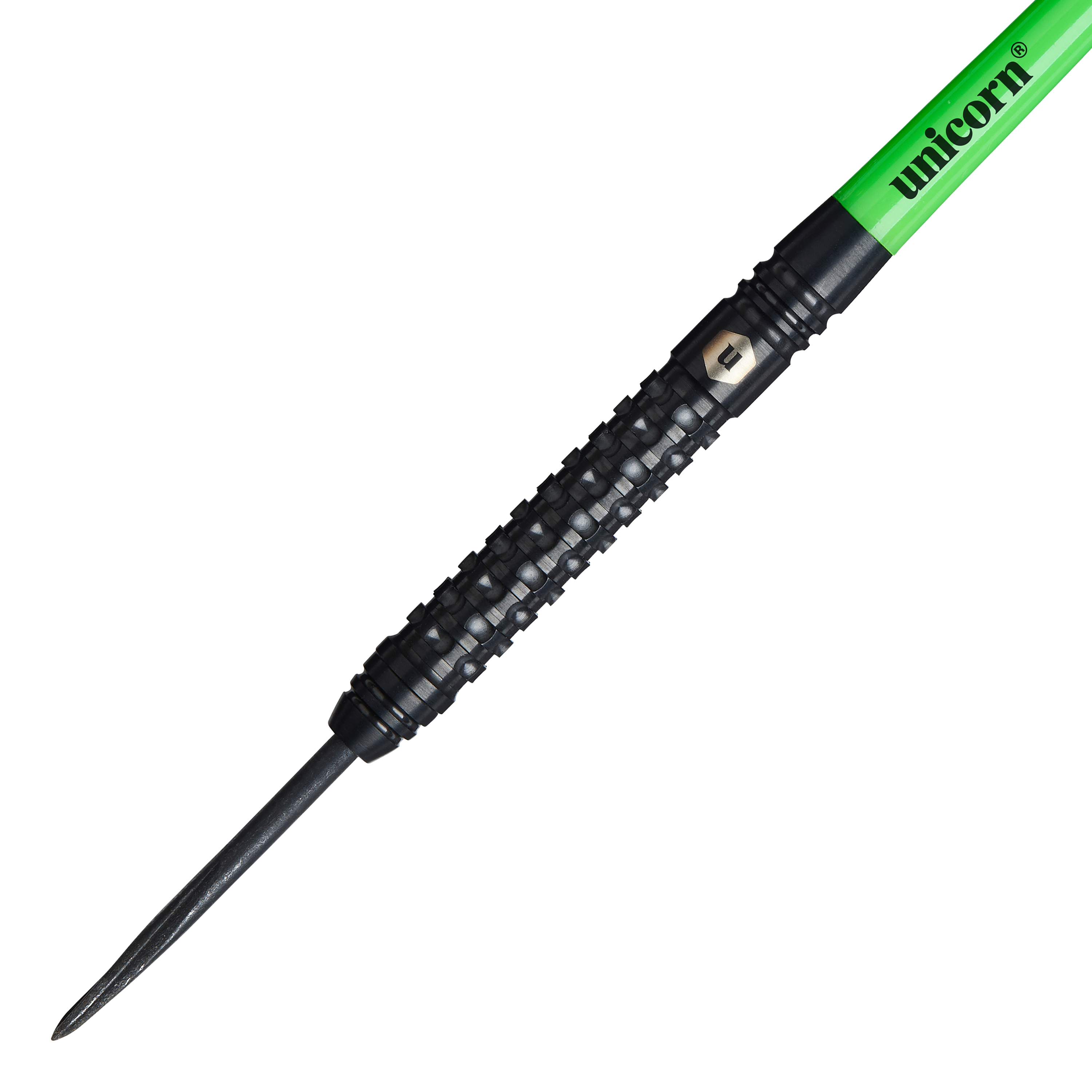 Unicorn Wraith steel darts Das Bild zeigt einen Unicorn Wraith Steeldart mit schwarzem, strukturiertem Griff. Der Schaft ist grün und trägt die Aufschrift "unicorn".