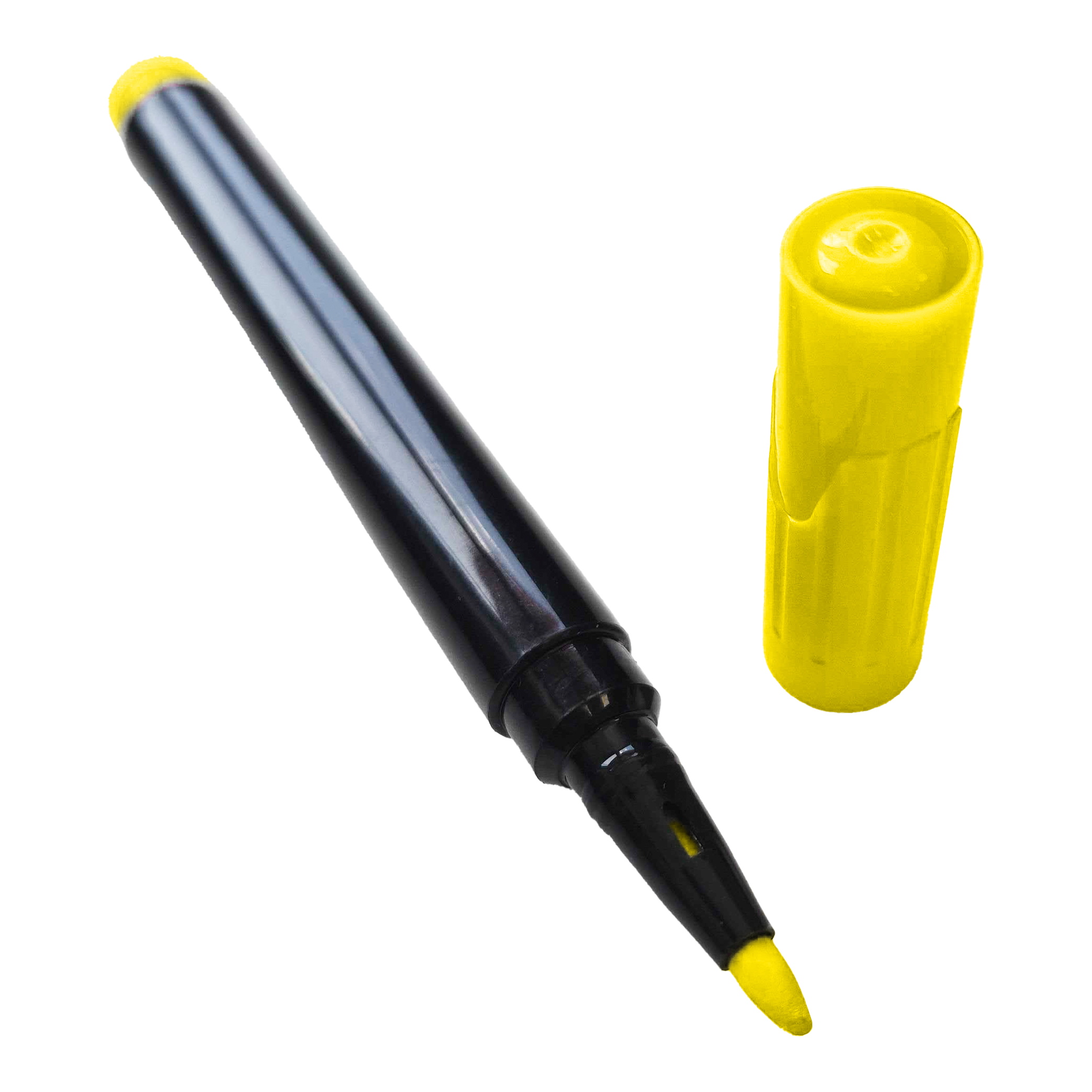 Auf dem Bild ist ein gelber Boardmarker mit abgenommener Kappe zu sehen. Der Stift liegt schräg, während die gelbe Kappe daneben steht.