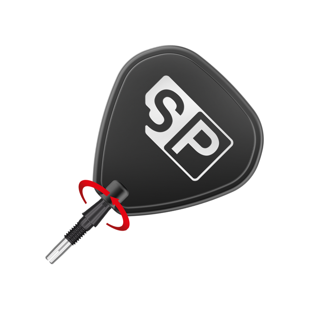 Das Bild zeigt eine schwarze Dartspitze mit der Aufschrift "SP". Ein roter Pfeil zeigt, dass die Spitze gedreht werden kann.