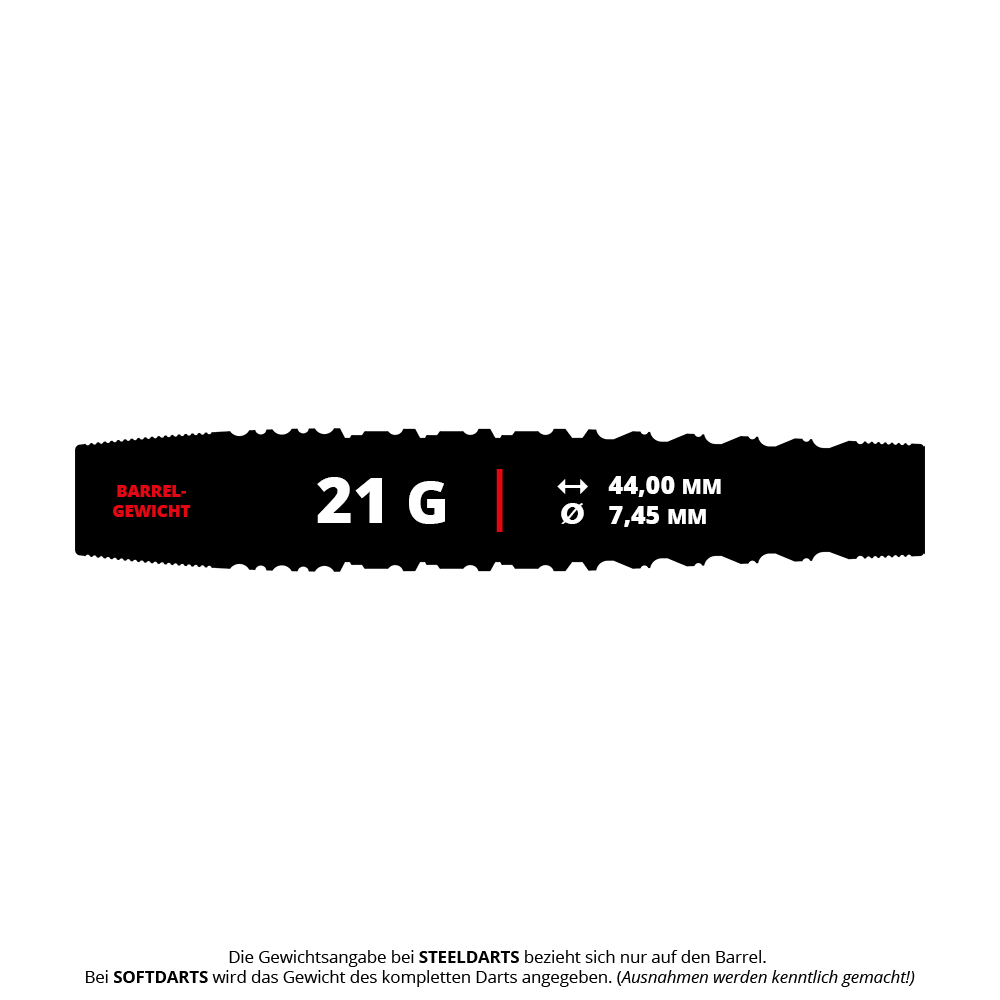 Das Bild zeigt die Produktinformationen des "Target Japan Prime Series Harold Ching GEN1 Zenith MAX Softdarts - 21g". Der Dart hat ein Gewicht von 21 Gramm, eine Länge von 44 mm und einen Durchmesser von 7,45 mm.