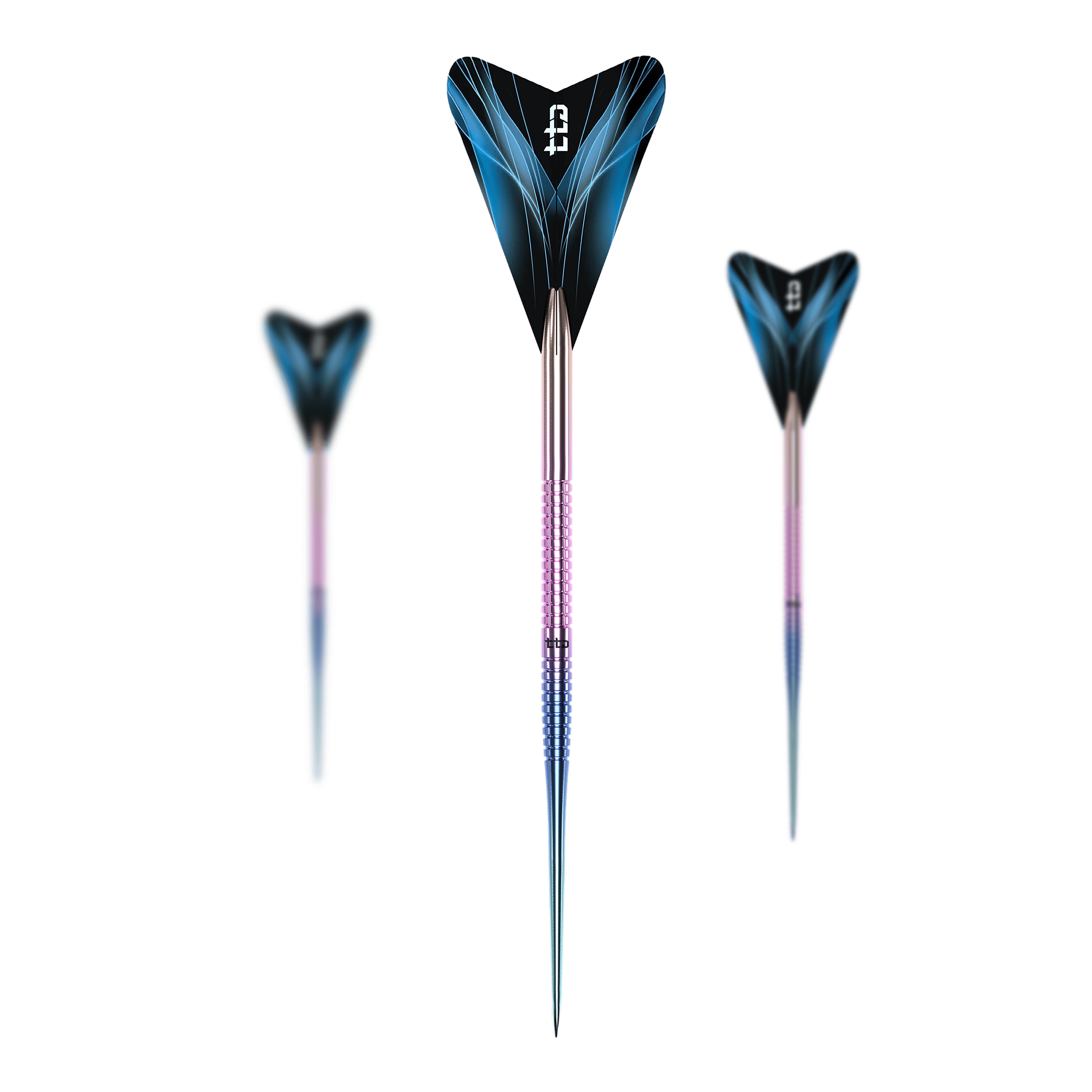 Caliburn TTD Complete Titanium T1 Rainbow Steeldarts - 5g Dies ist ein Set des Caliburn TTD Complete Titanium T1 Rainbow Steeldarts - 5g. Mehrere Dartpfeile mit regenbogenfarbenem Design sind zu sehen.