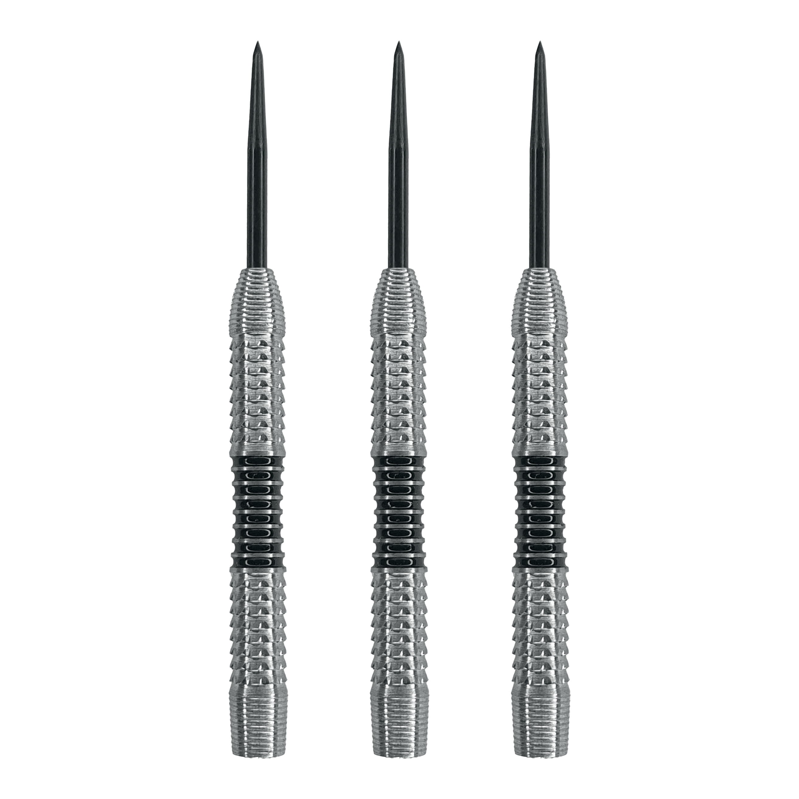 McDart Black Stripe 2 steel dart barrels - 22g Das Bild zeigt drei Steeldart-Barrels mit silberner Oberfläche und schwarzen Ringen in der Mitte. Es handelt sich um das Produkt "McDart Black Stripe 2 Steeldart-Barrels - 22g".