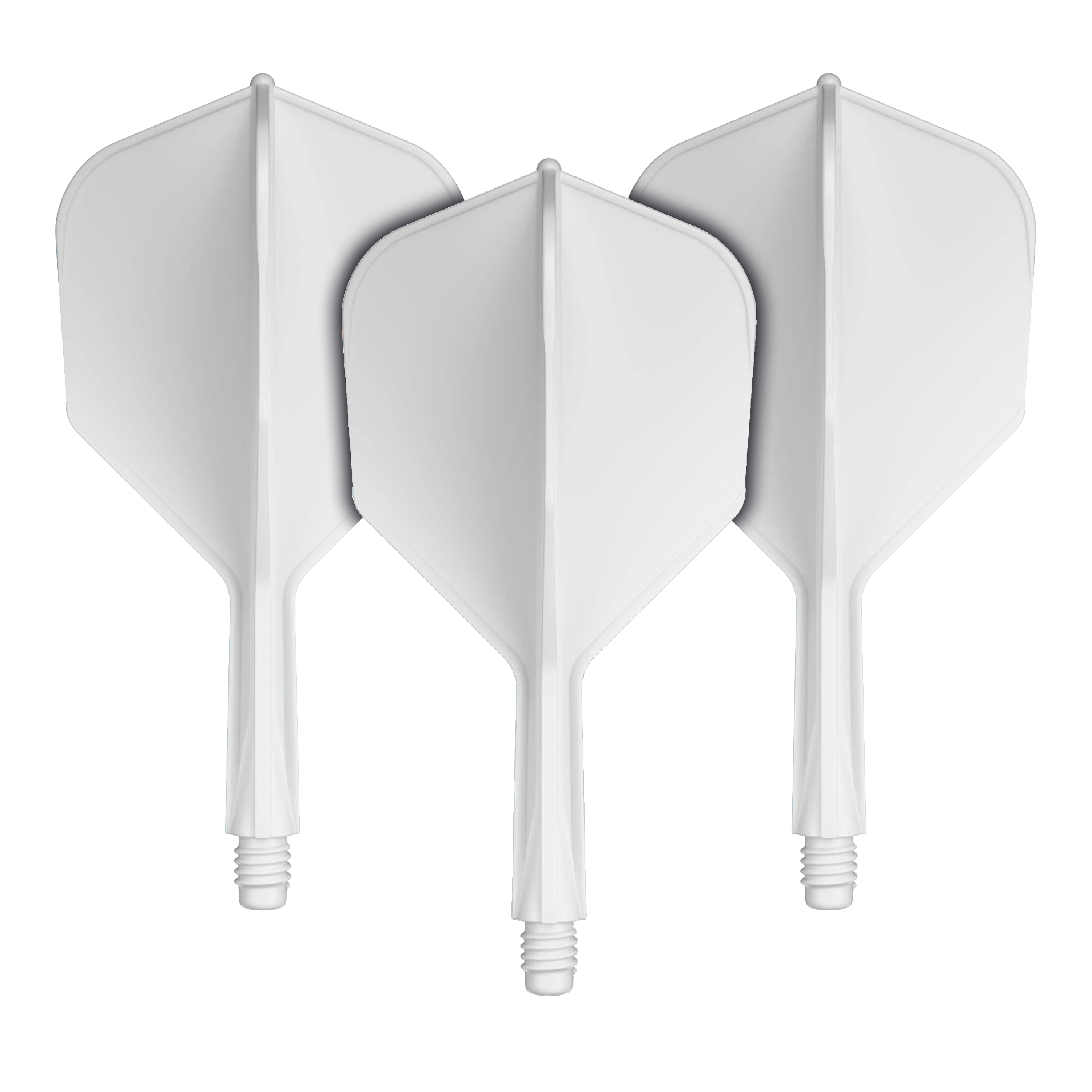 GOAT A1R No6 Flight Shaft System - White Auf dem Bild sind drei weiße Dart-Flügel mit Schäften zu sehen. Sie sind nebeneinander angeordnet und zeigen alle nach oben.