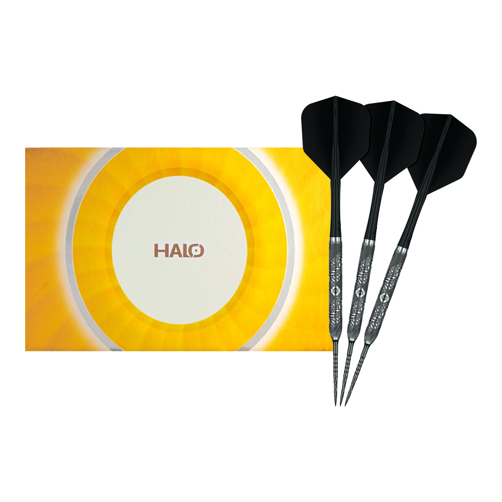 Abgebildet sind die Caliburn Halo H3 Steeldarts mit 21,5g als vollständiger Satz. Die Darts werden komplett gezeigt.