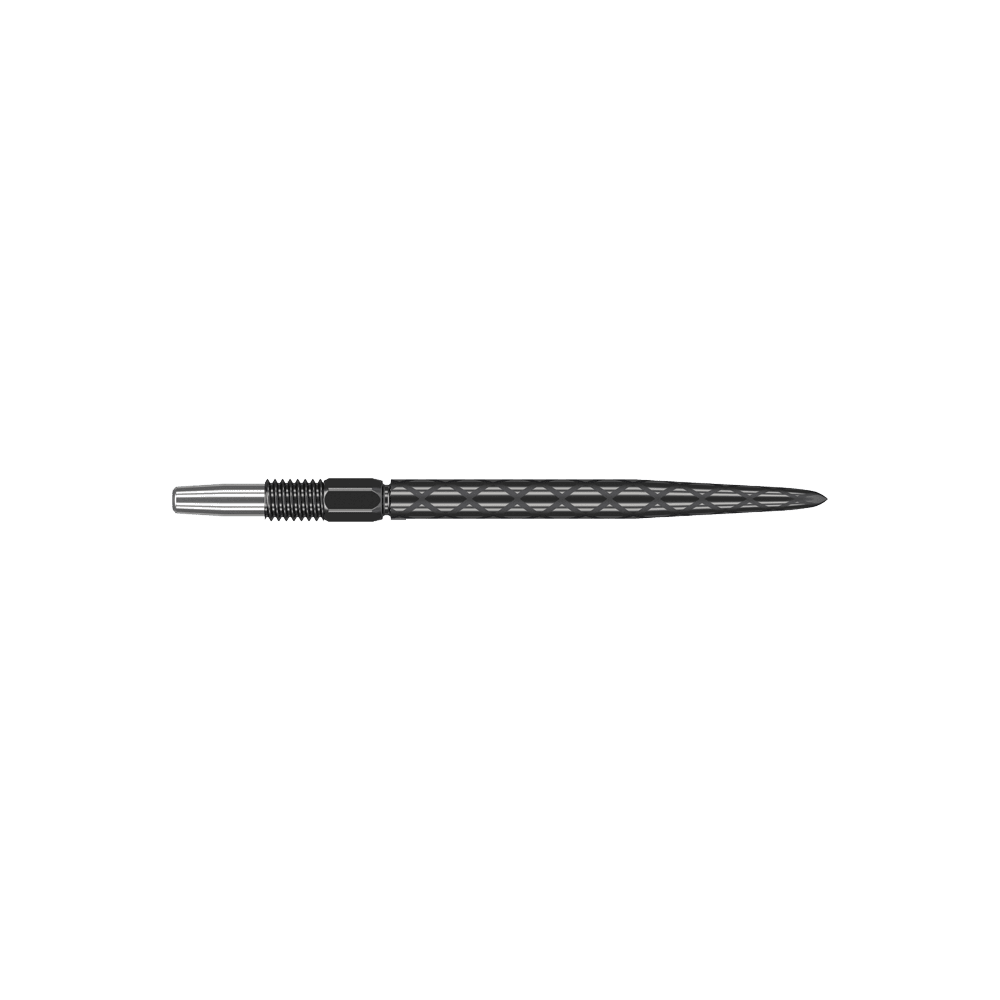 Target Swiss Diamond Pro Black Points dart tips Das Bild zeigt eine schwarze Dartspitze mit einem rautenförmigen Muster. Sie ist schlank und hat ein Schraubgewinde am hinteren Ende.