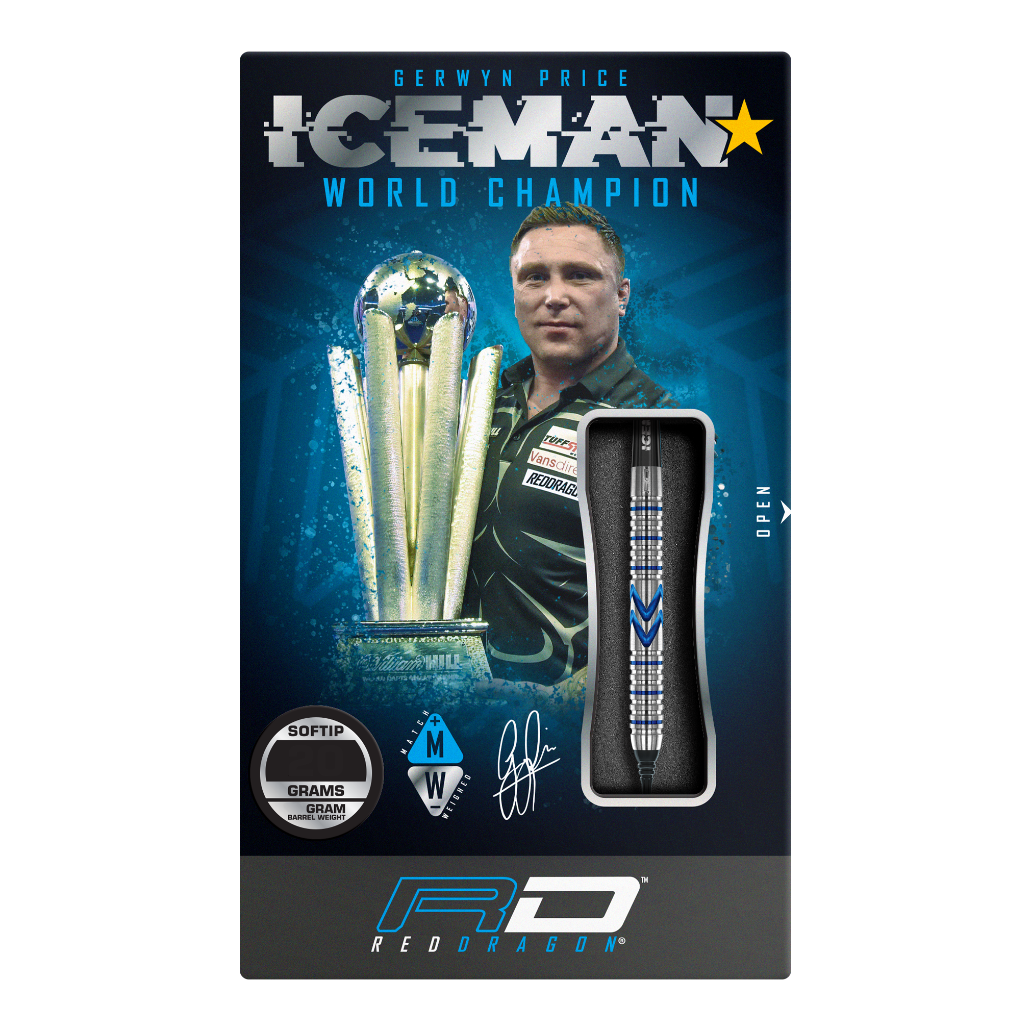 Red Dragon Gerwyn Price Iceman Midnight Edition Soft Darts - 20g Die Verpackung zeigt die Red Dragon Gerwyn Price Iceman Midnight Edition Softdarts mit einem Gewicht von 20g. Auf der Vorderseite sind ein Bild von Gerwyn Price und ein Dartpfeil abgebildet.