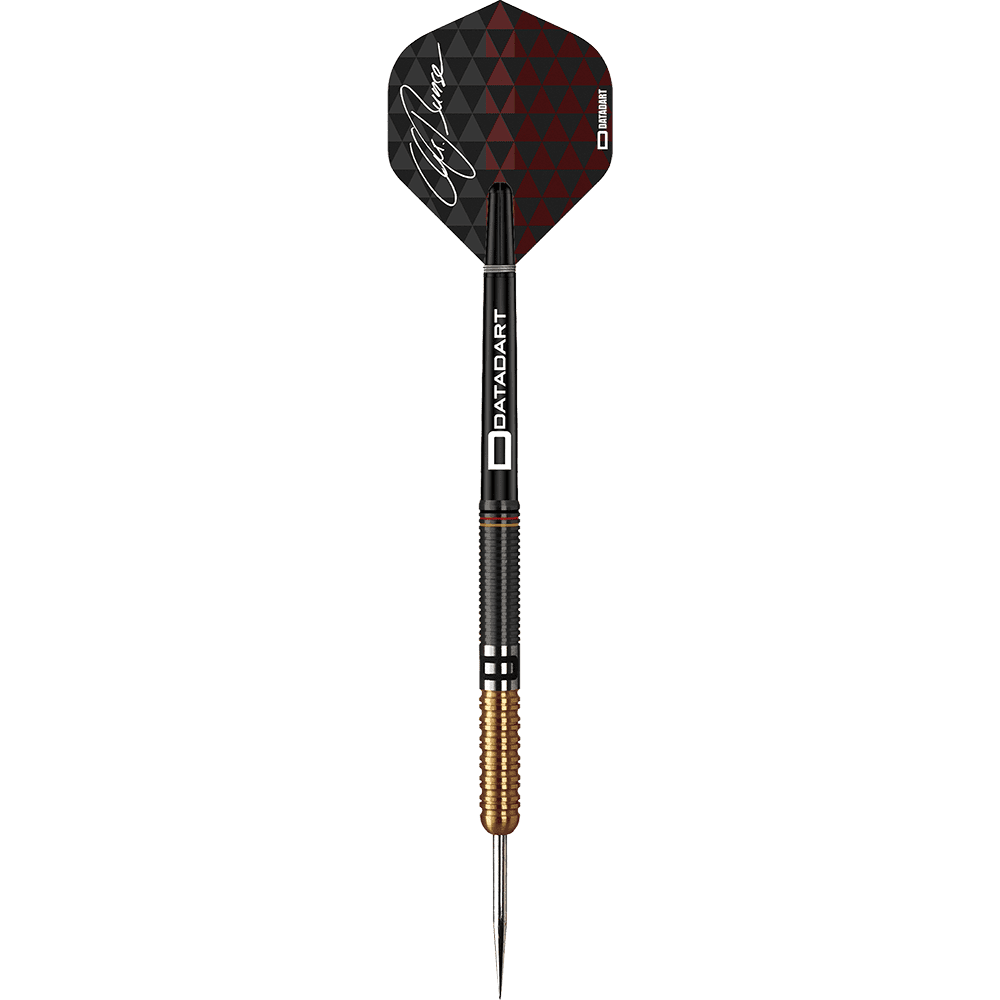 DA624_Datadart_Christian_Bunse_Gold_Black_Steeldarts_1OF3t10m9mz3nw Auf dem Bild ist ein Steeldartpfeil zu sehen. Der Pfeil hat schwarze und goldene Details sowie eine schwarze Flights mit rotem Muster und einer Unterschrift.