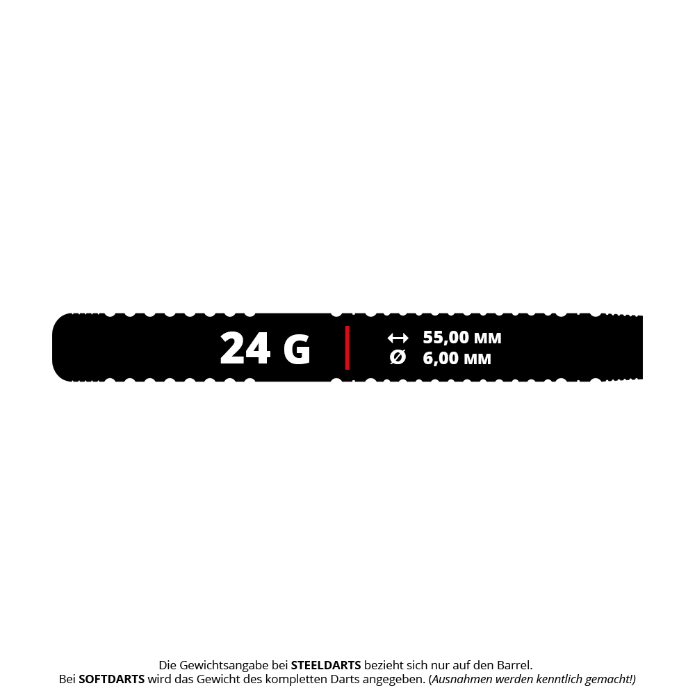 Das Bild zeigt die Produktdaten der Bulls Martijn Dragt Steeldarts mit einem Gewicht von 24 Gramm. Der Barrel ist 55,00 mm lang und hat einen Durchmesser von 6,00 mm.