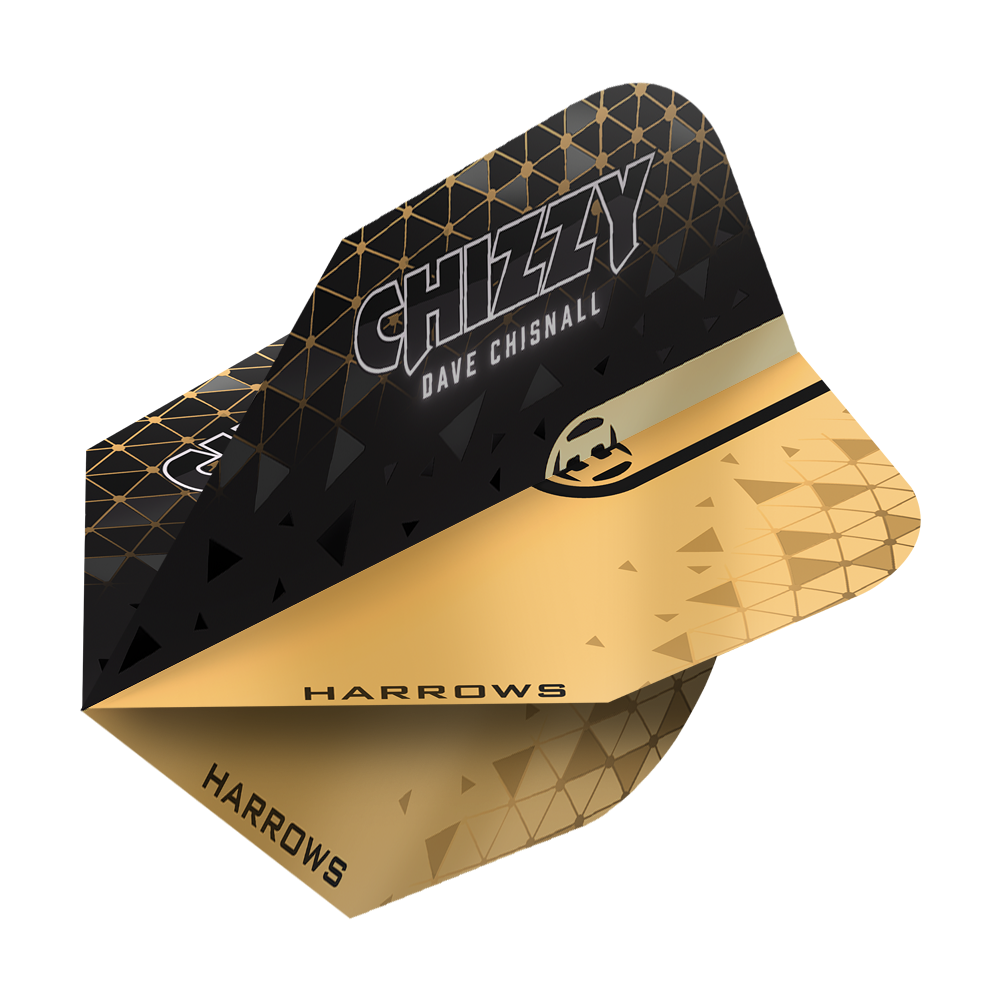Das Bild zeigt ein Harrows Prime Dave Chisnall Chizzy 2 No6 Flight. Das Flight ist schwarz-gold gestaltet und trägt den Aufdruck "CHIZZY DAVE CHISNALL" sowie das Harrows-Logo.