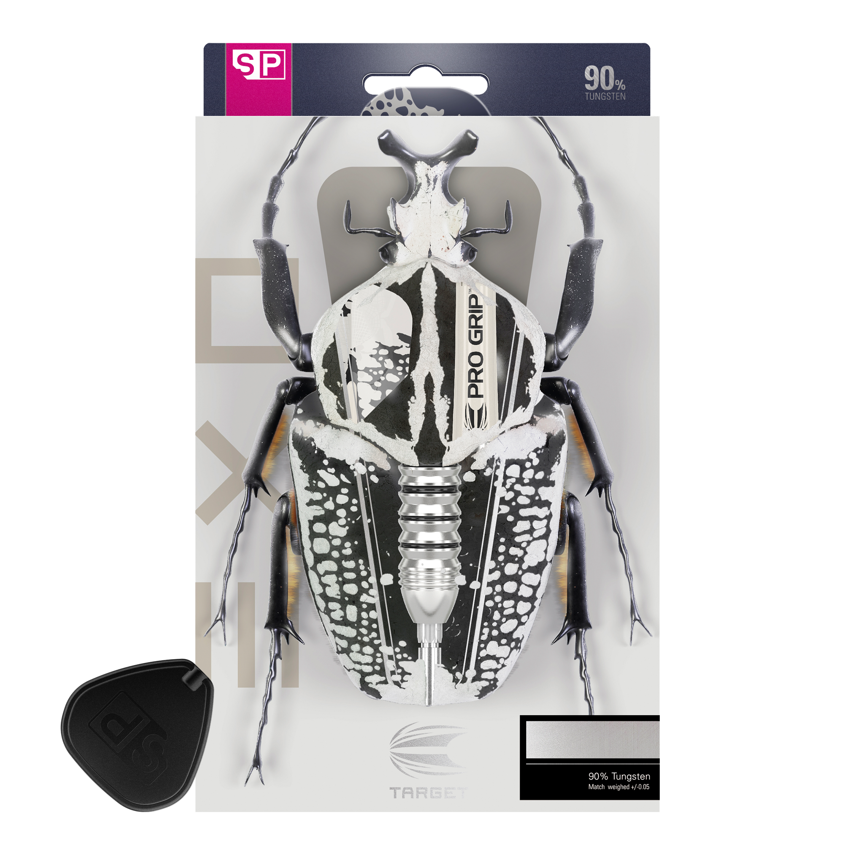 Target EXO SP01 Swiss Point steel darts Das Bild zeigt die Verpackung der Target EXO SP01 Swiss Point Steeldarts. Auf der Verpackung ist ein stilisierter Käfer abgebildet, in dessen Körper der Dartpfeil integriert ist.