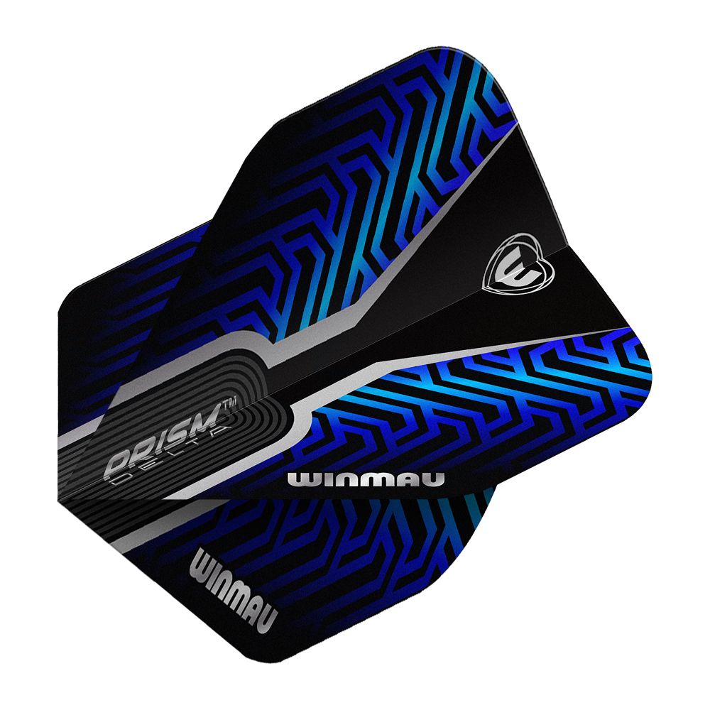 Winmau Prism Delta Blue No2 Standard Flights Das Bild zeigt die Winmau Prism Delta Blue No2 Standard Flights. Die Flights haben ein modernes Design in Schwarz und Blau.