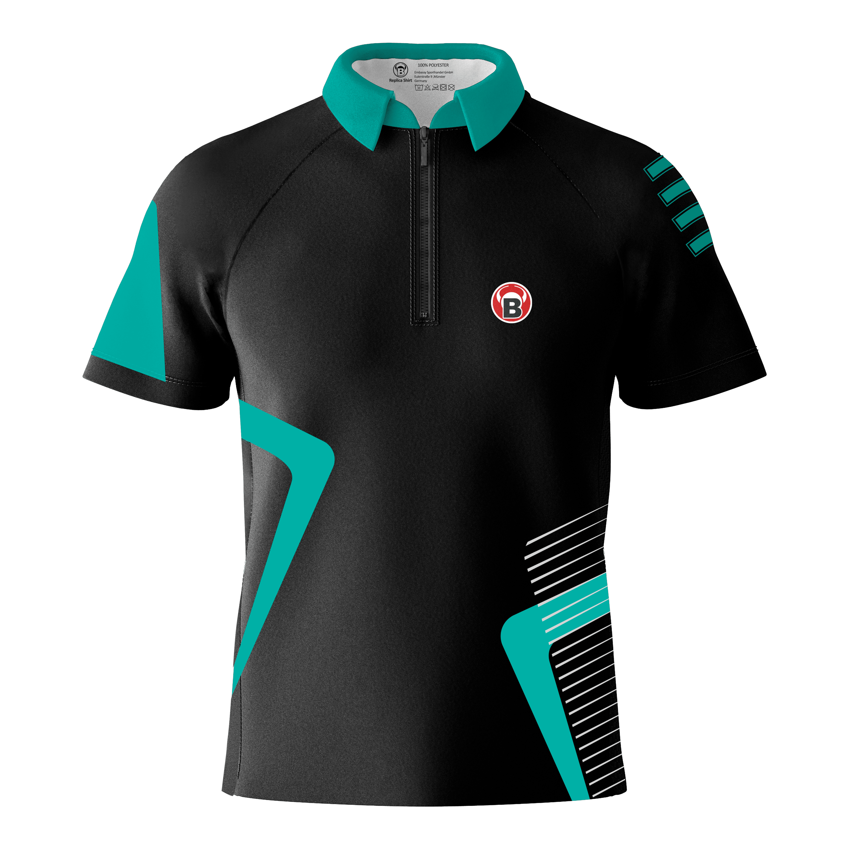 Bulls Team Dart Shirt - Mint Das Bild zeigt das Bulls Team Dartshirt in der Farbe Mint. Das Shirt ist überwiegend schwarz mit mintfarbenen Akzenten und einem kleinen B-Logo auf der Brust.