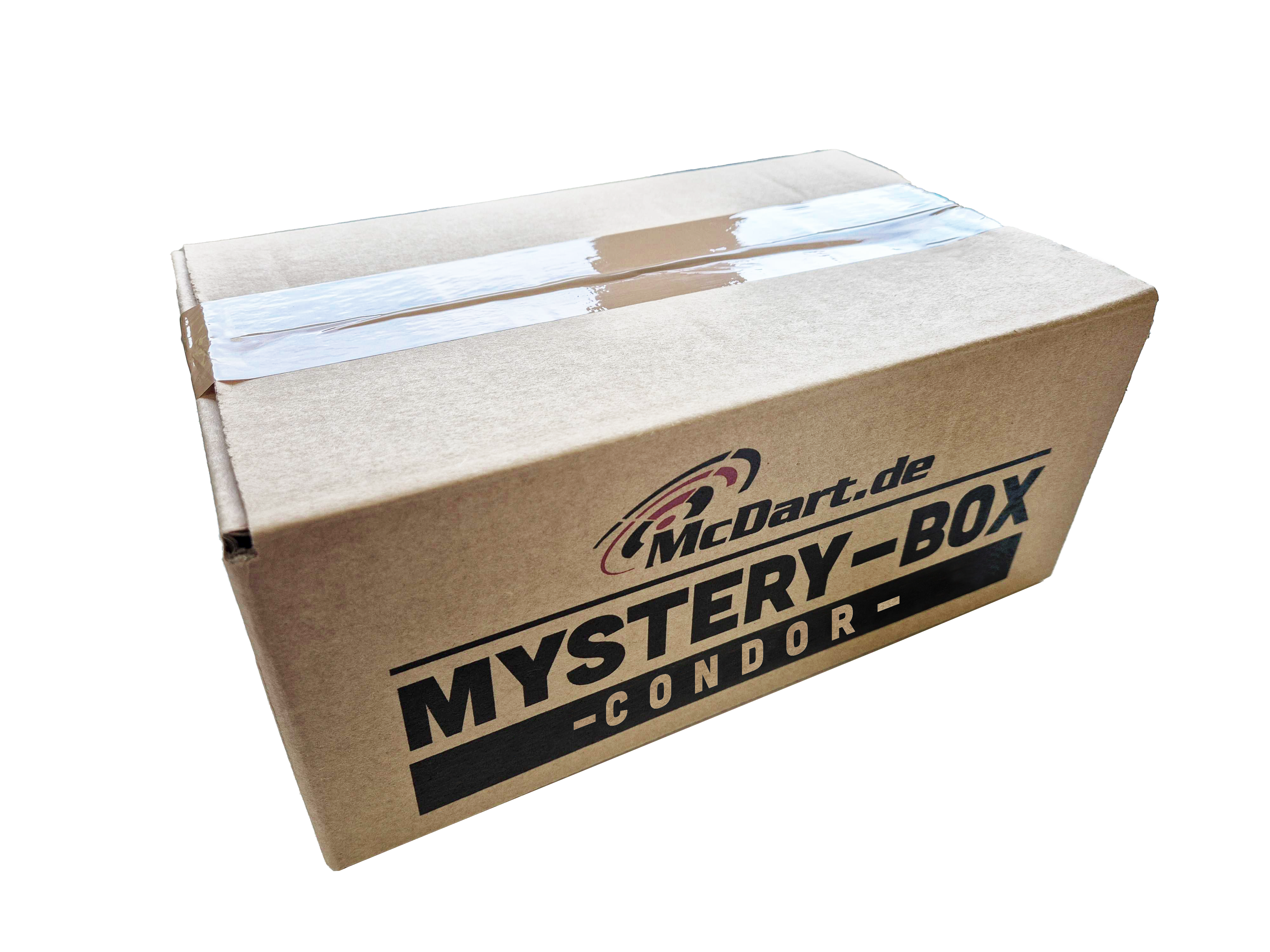 Auf dem Bild ist ein brauner Karton mit der Aufschrift "McDart.de Mystery-Box Condor" zu sehen. Der Karton ist mit Klebeband versiegelt.