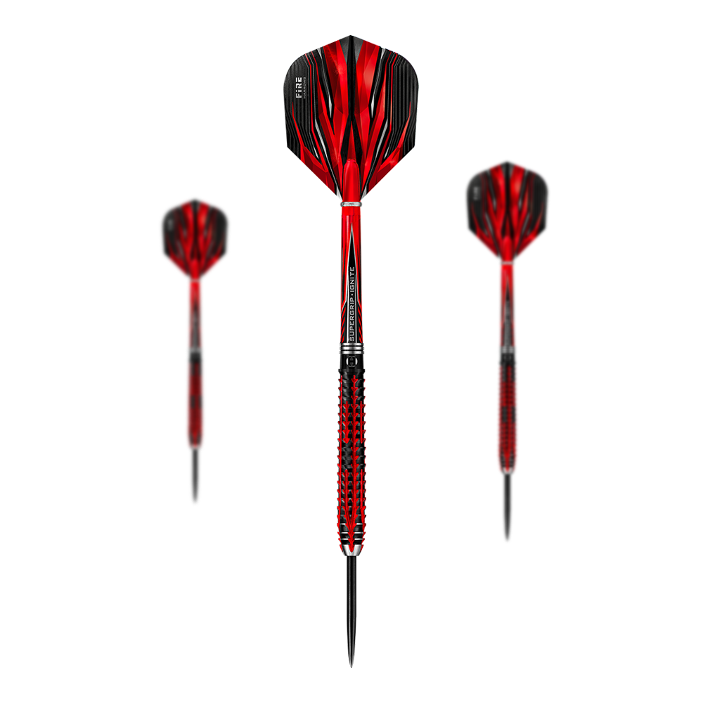 Harrows Fire Inferno Steeldarts Das Bild zeigt drei Harrows Fire Inferno Steeldarts mit auffälligem rot-schwarzem Design. Die Spitzen sind aus Metall und die Flights haben ein flammenartiges Muster.