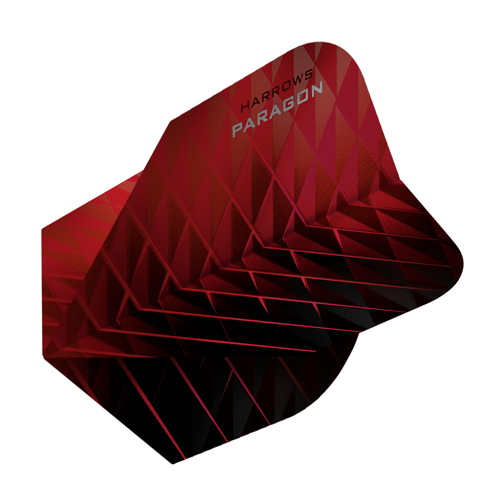 HR7602_Harrows_Paragon_Red_No2_Standard_Flights_2 Das Bild zeigt das Produkt "Harrows Paragon Red No2 Standard Flights". Die Dartflight ist rot und hat ein modernes, geometrisches Muster.