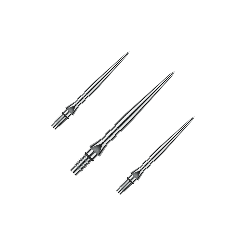 Winmau Switch Point Groove steel dart tips - Silver Effect Auf dem Bild ist ein Set von silbernen Steeldartspitzen mit Rillen zu sehen, wahrscheinlich 'Switch Point Groove Silver Effect' und 26mm lang. Das Set ist für den Einsatz bei Steeldarts gedacht.