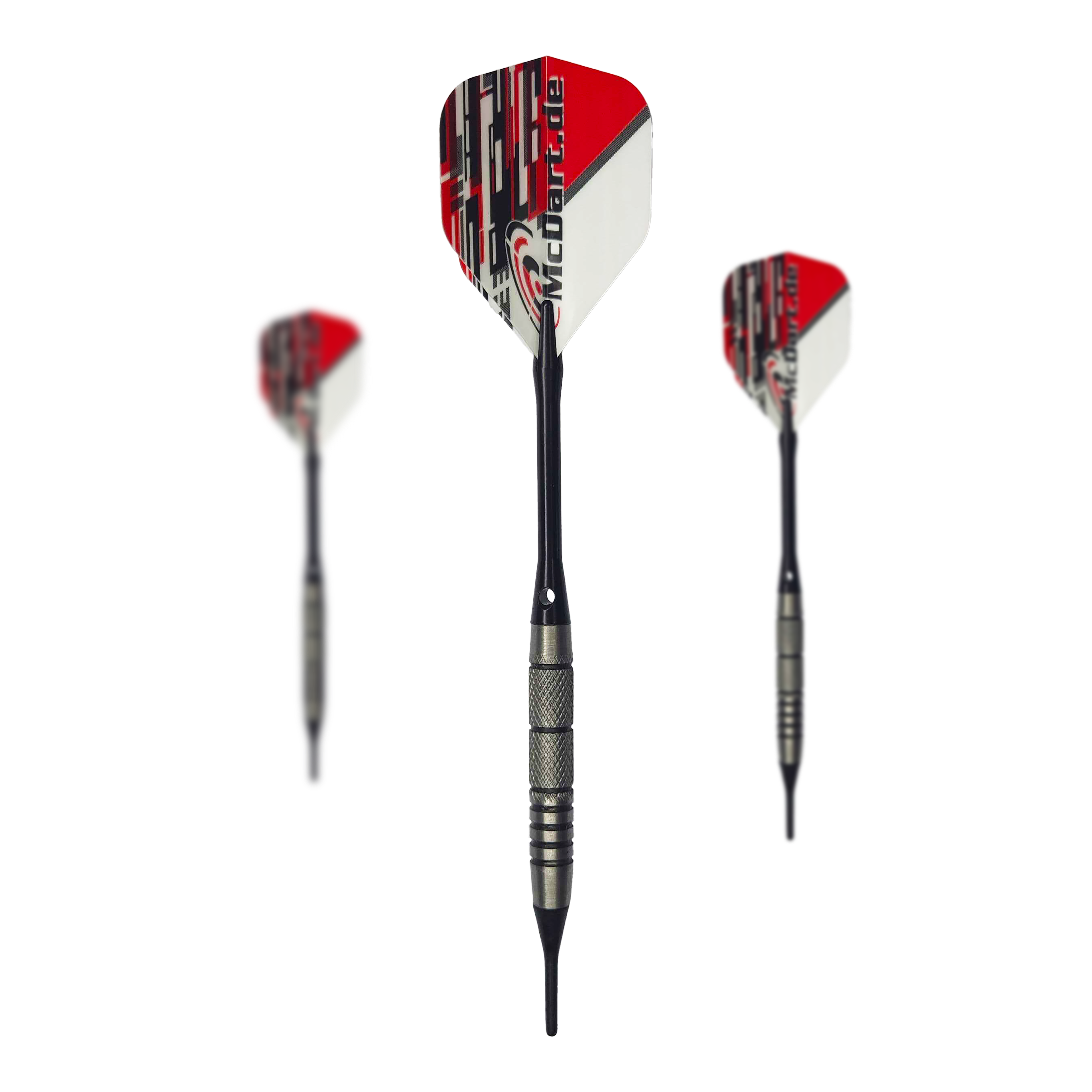 McDart 85 Tungsten V9 soft darts - 17.5g Das Bild zeigt drei McDart 85er Tungsten V9 Softdarts mit einem Gewicht von 17,5g. Die Darts haben silberne Barrels und rot-weiße Flights mit dem Aufdruck "McDart.de".