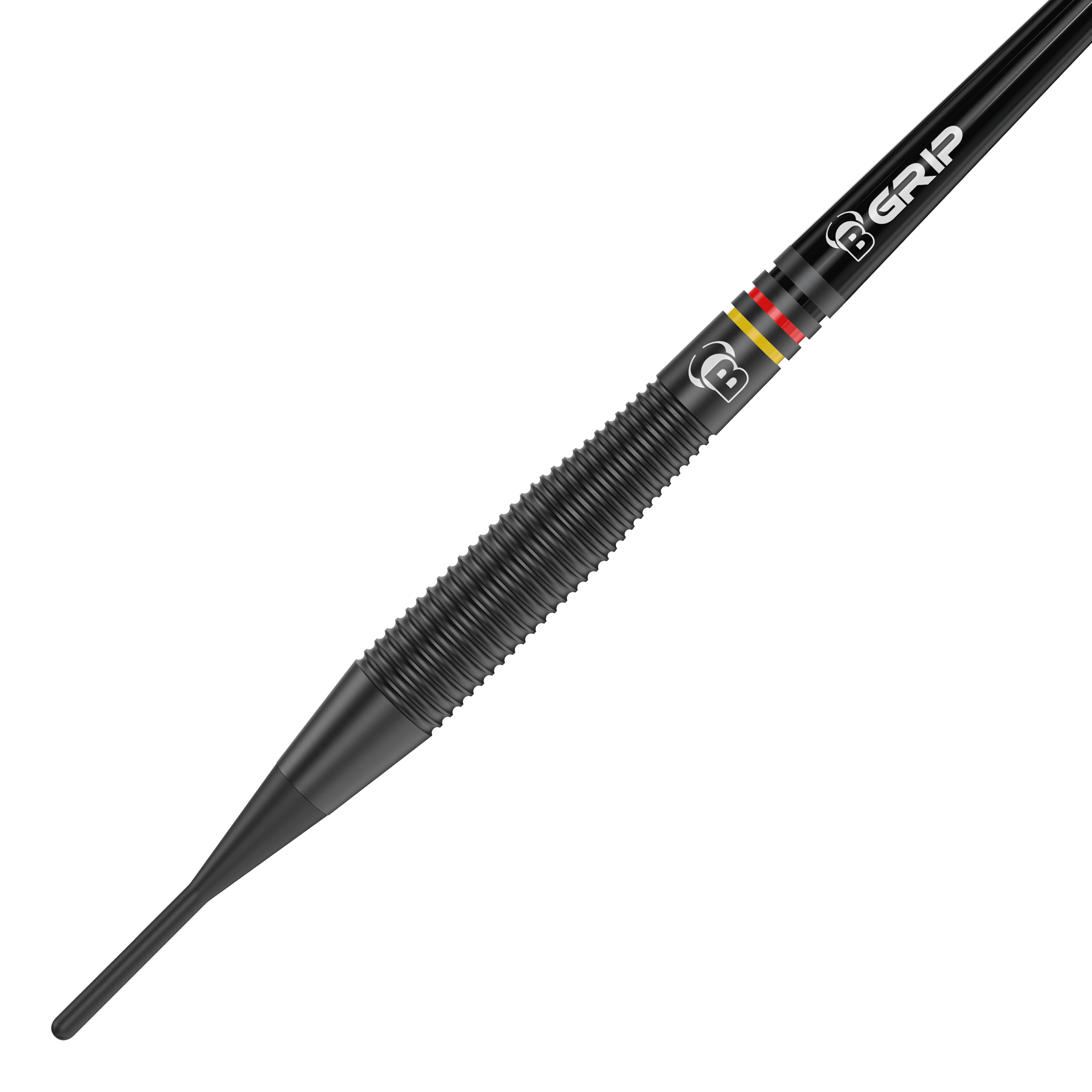 Bulls Martin Schindler The Wall Black Brass Softdarts - 18g Das Bild zeigt einen schwarzen Softdart mit auffälligen Rillen für besseren Halt. Auf dem Dart sind außerdem farbige Ringe und die Aufschrift "B GRIP" zu sehen.