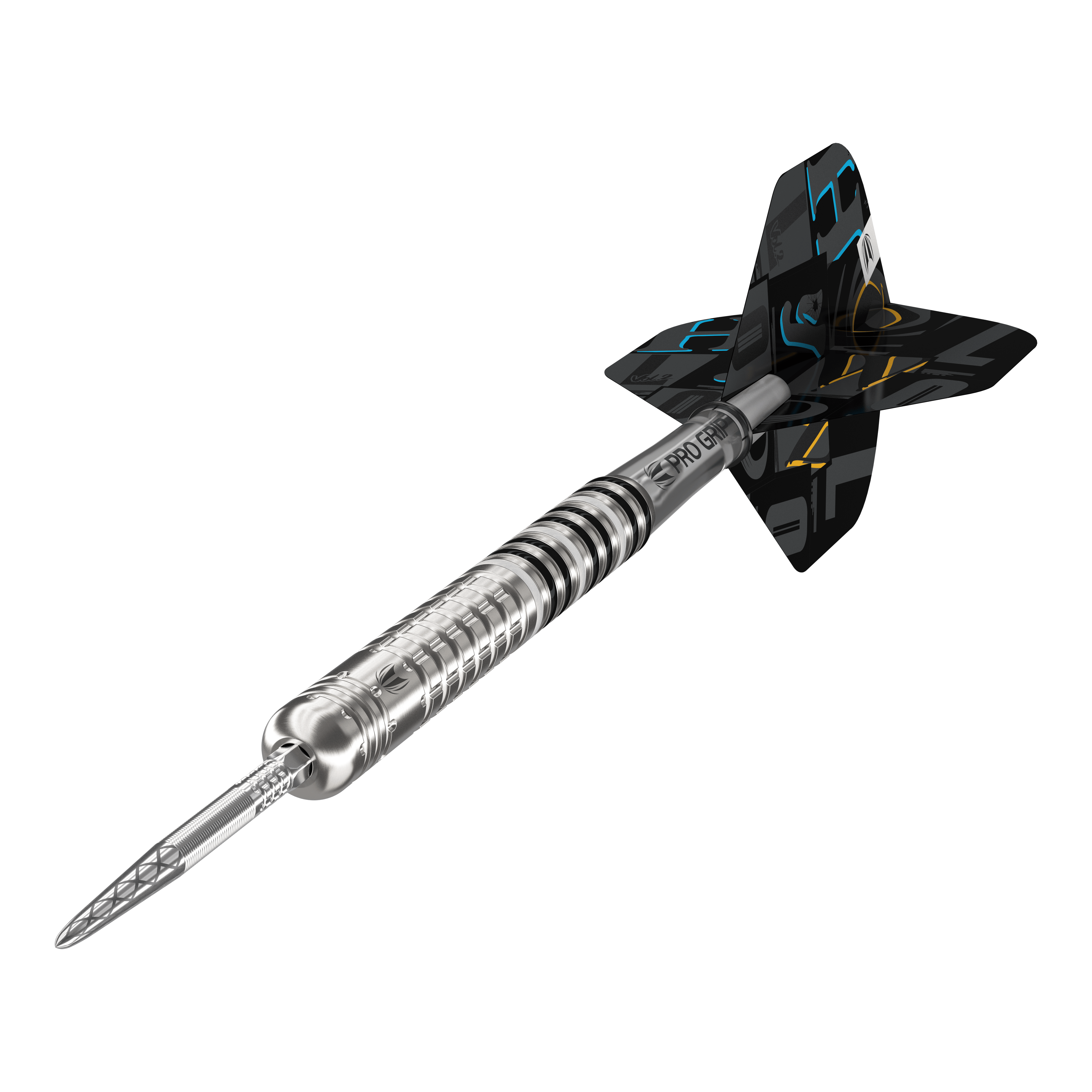 Target Chris Dobey GEN1 Swiss Point steel darts Das Bild zeigt den Target Chris Dobey GEN1 Swiss Point Steeldart. Der Dartpfeil hat ein silbernes, geriffeltes Barrel und schwarze Flights mit bunten Akzenten.