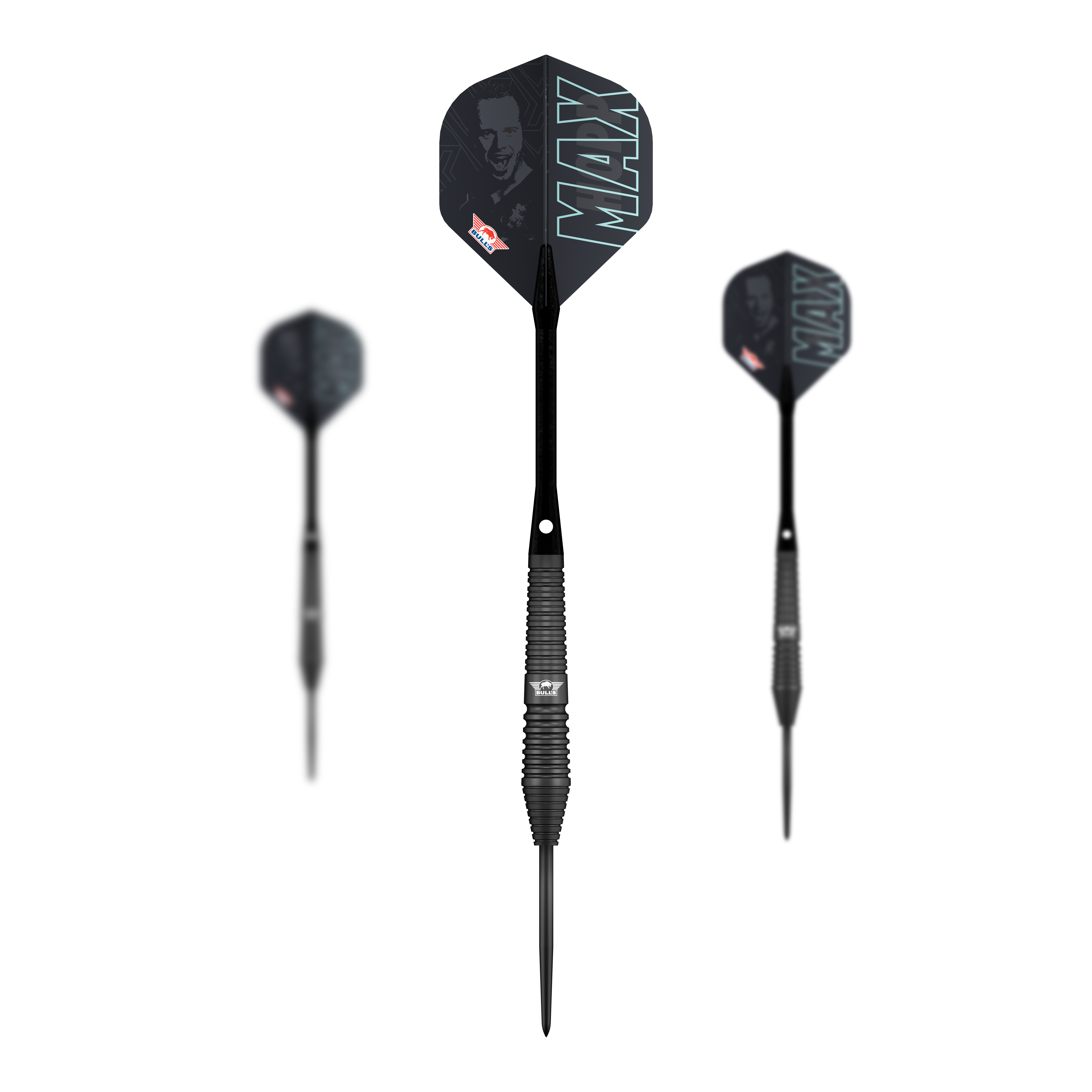 Das Bild zeigt die Bulls NL Max Hopp Black Steeldarts. Es handelt sich um ein Set von hochwertigen Steeldarts für Präzisionsspiel.