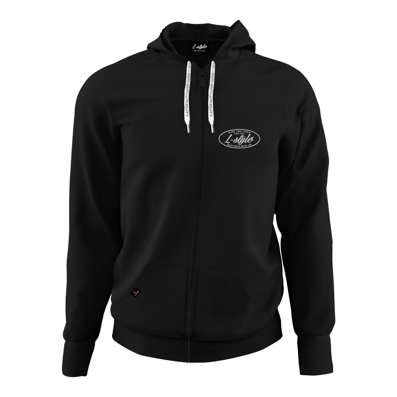 L-Style Hoodie - Black Das Bild zeigt einen schwarzen Hoodie mit Reißverschluss und Kapuze. Auf der Brust befindet sich ein weißes "L-Style"-Logo.