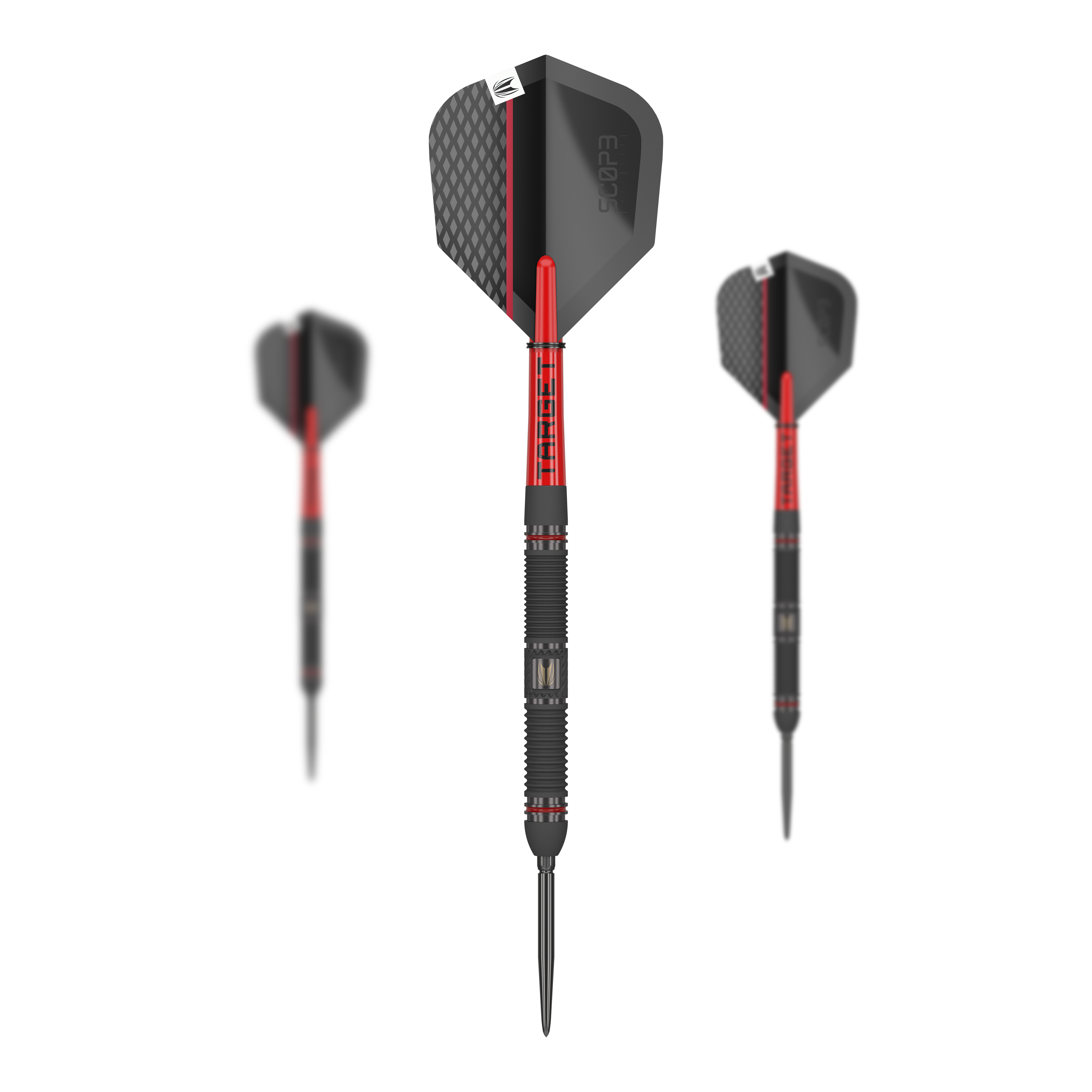 Target Scope 01 Swiss Point steel darts Das Bild zeigt drei Steeldarts des Modells "Target Scope 01 Swiss Point". Die Darts sind überwiegend schwarz mit roten Akzenten und haben ein modernes, sportliches Design.