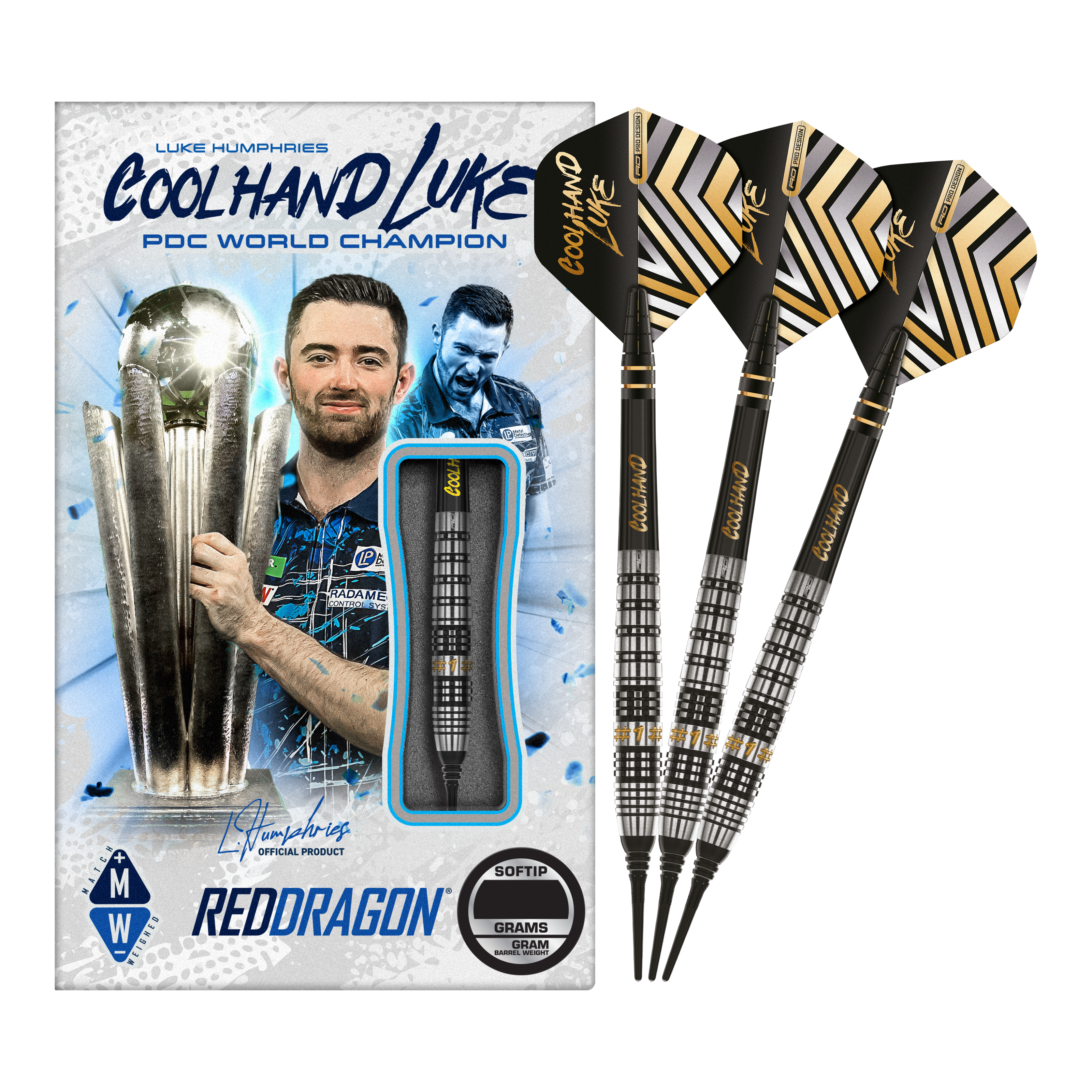 Red Dragon Luke Humphries Prestige Soft Darts - 20g Auf dem Bild sind die Red Dragon Luke Humphries Prestige Softdarts mit 20g Gewicht zu sehen. Die Verpackung zeigt ein Bild von Luke Humphries und die Darts sind schwarz mit silbernen und goldenen Details.