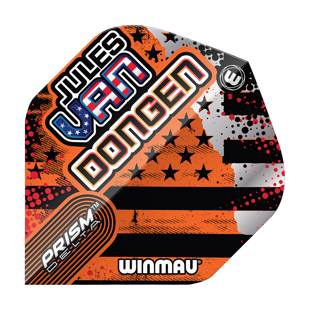 Das Bild zeigt ein Winmau Prism Delta Dart-Flight mit dem Namen "Jules Van Dongen". Das Flight-Design enthält auffällige Farben, Sterne und Streifen sowie den Schriftzug "Winmau".
