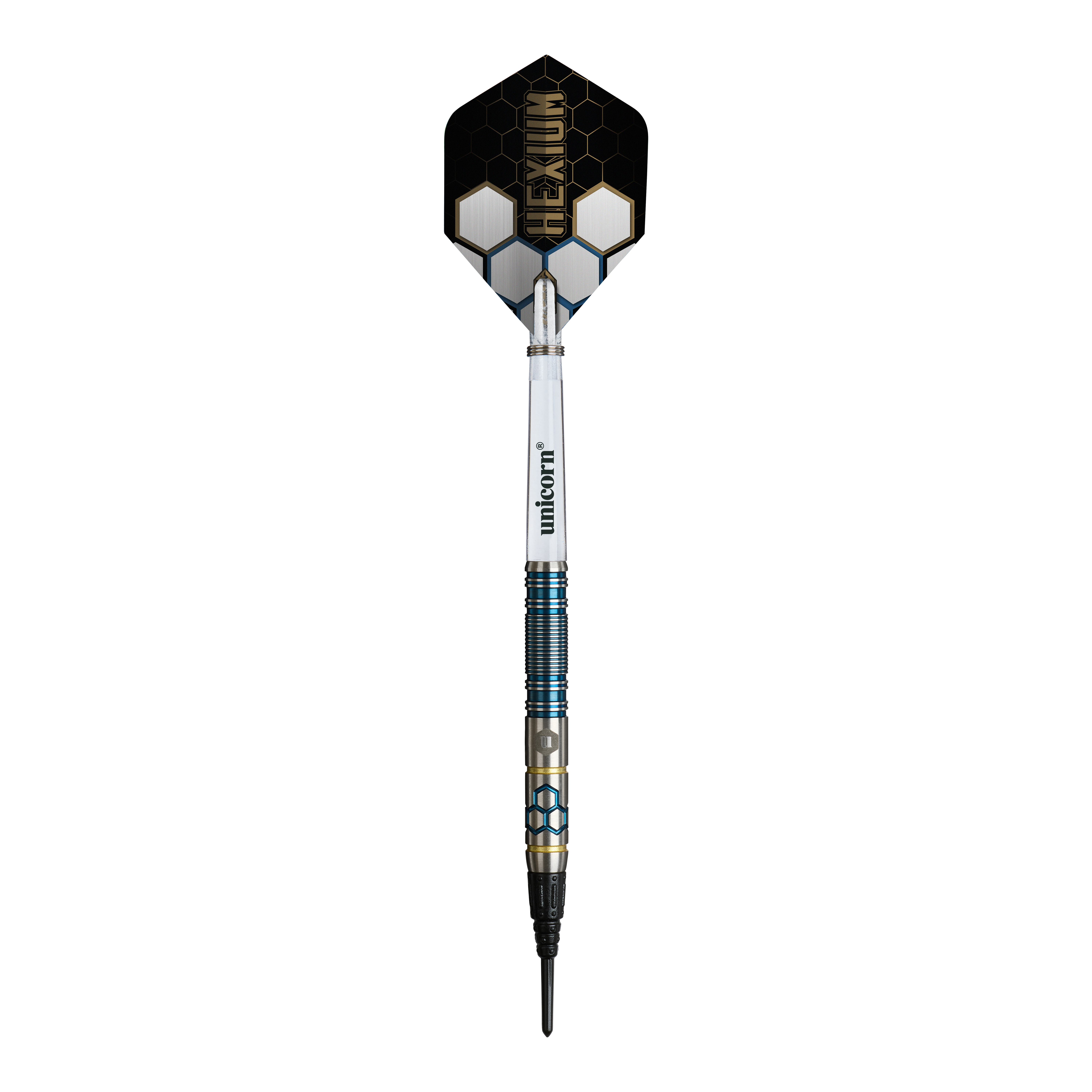 Hier sieht man die Unicorn Hexium Style 02 Blue & Gold Softdarts - 21g. Die Darts sind in Blau und Gold gehalten.
