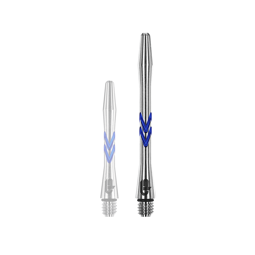 C643_Red_Dragon_Gerwyn_Price_V-Groove_Aluminium_Shafts_Blue_46mm_1Xdim1LOGwY4aB Das Bild zeigt zwei Aluminium-Schäfte für Darts in Silber mit blauen Rillen. Diese heißen "Red Dragon Gerwyn Price V-Groove Blue Aluminium Shafts".
