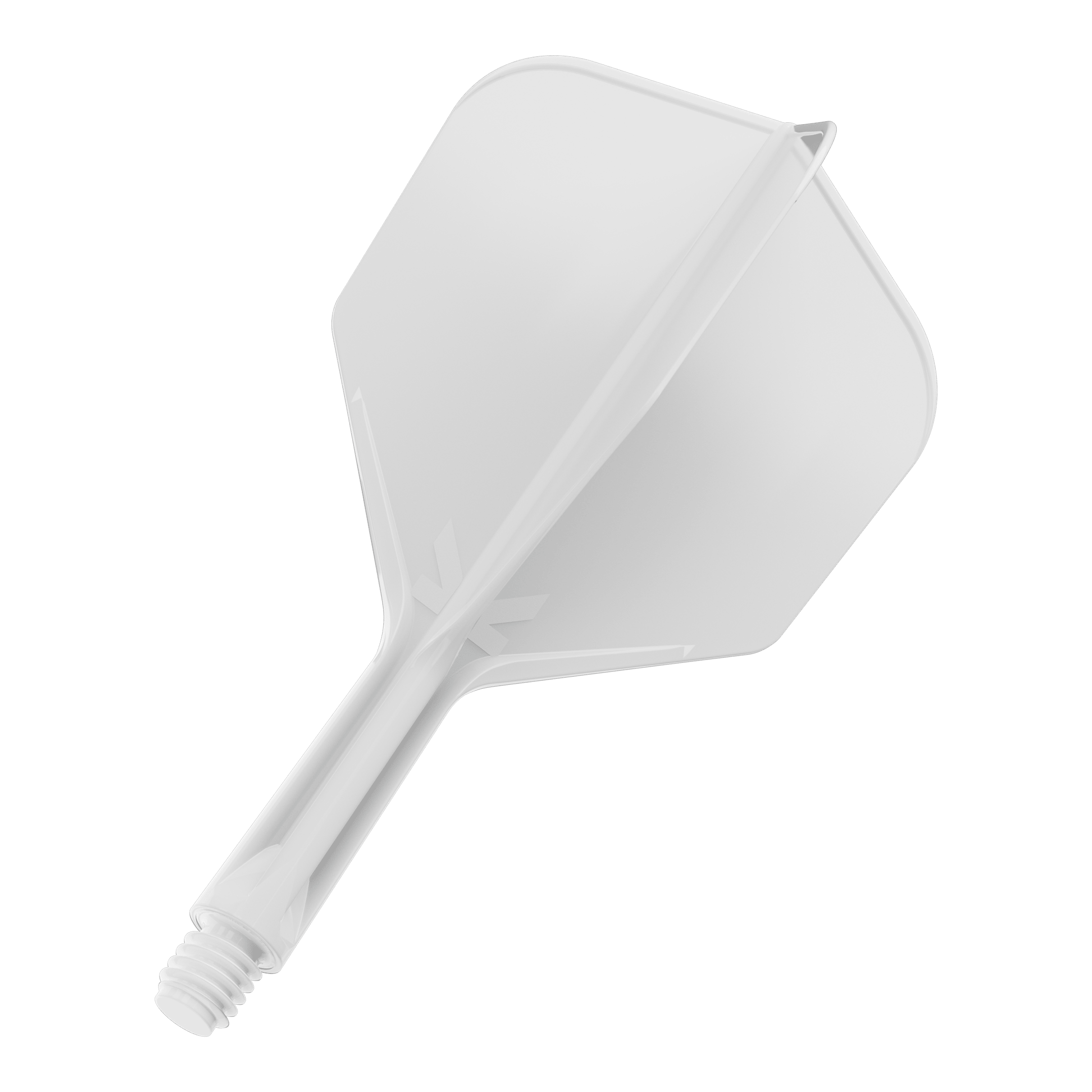Target K-Flex No6 Flight System - White Das Bild zeigt ein weißes Dart-Flight-System mit integriertem Shaft. Es ist vor schwarzem Hintergrund abgebildet.