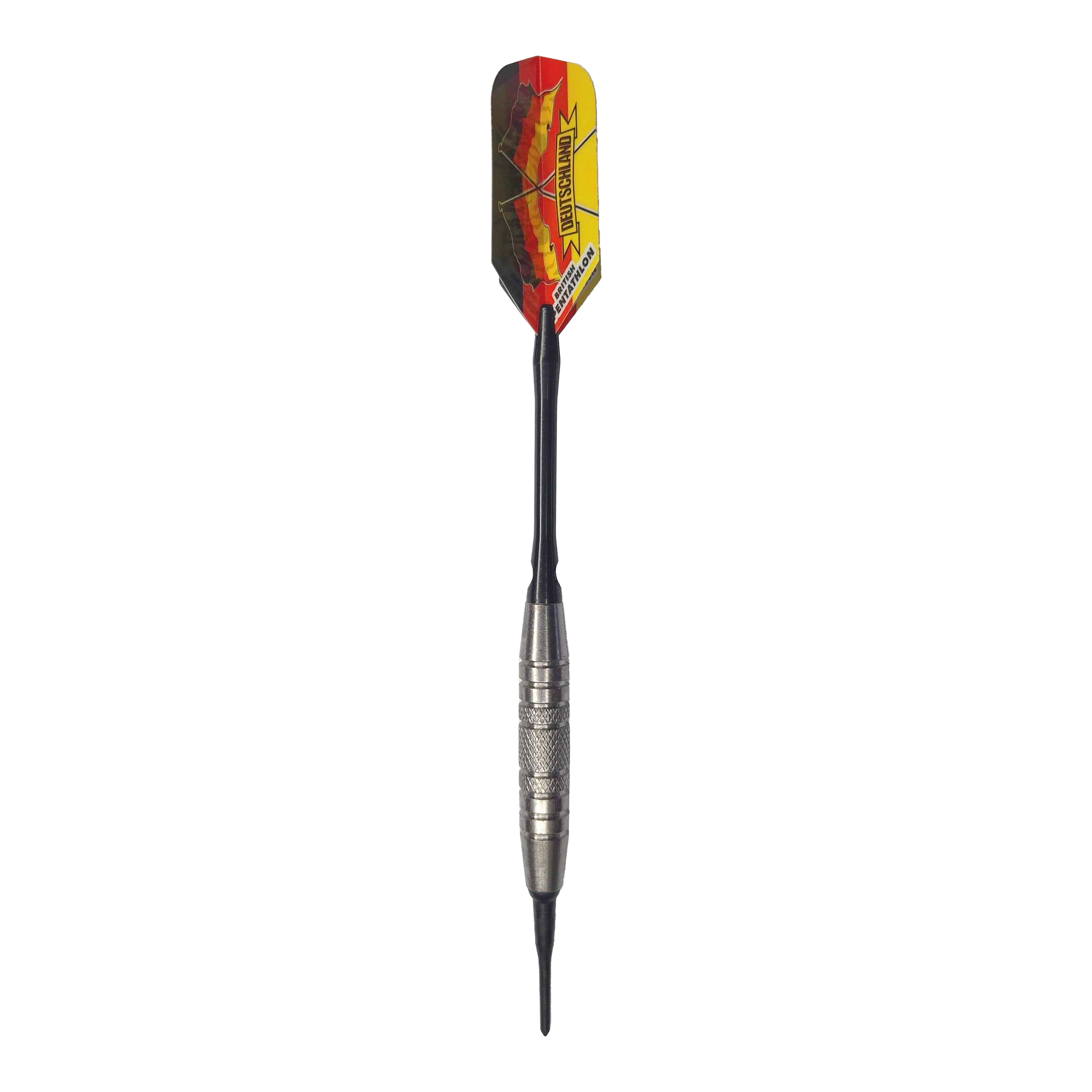 McDart 85 Tungsten V6 Soft Darts - 16g Dies ist ein Softdart des Modells "McDart 85er Tungsten V6" mit einem Gewicht von 16g. Der Dartpfeil hat eine rot-gelbe Flight mit der Aufschrift "DEUTSCHLAND".
