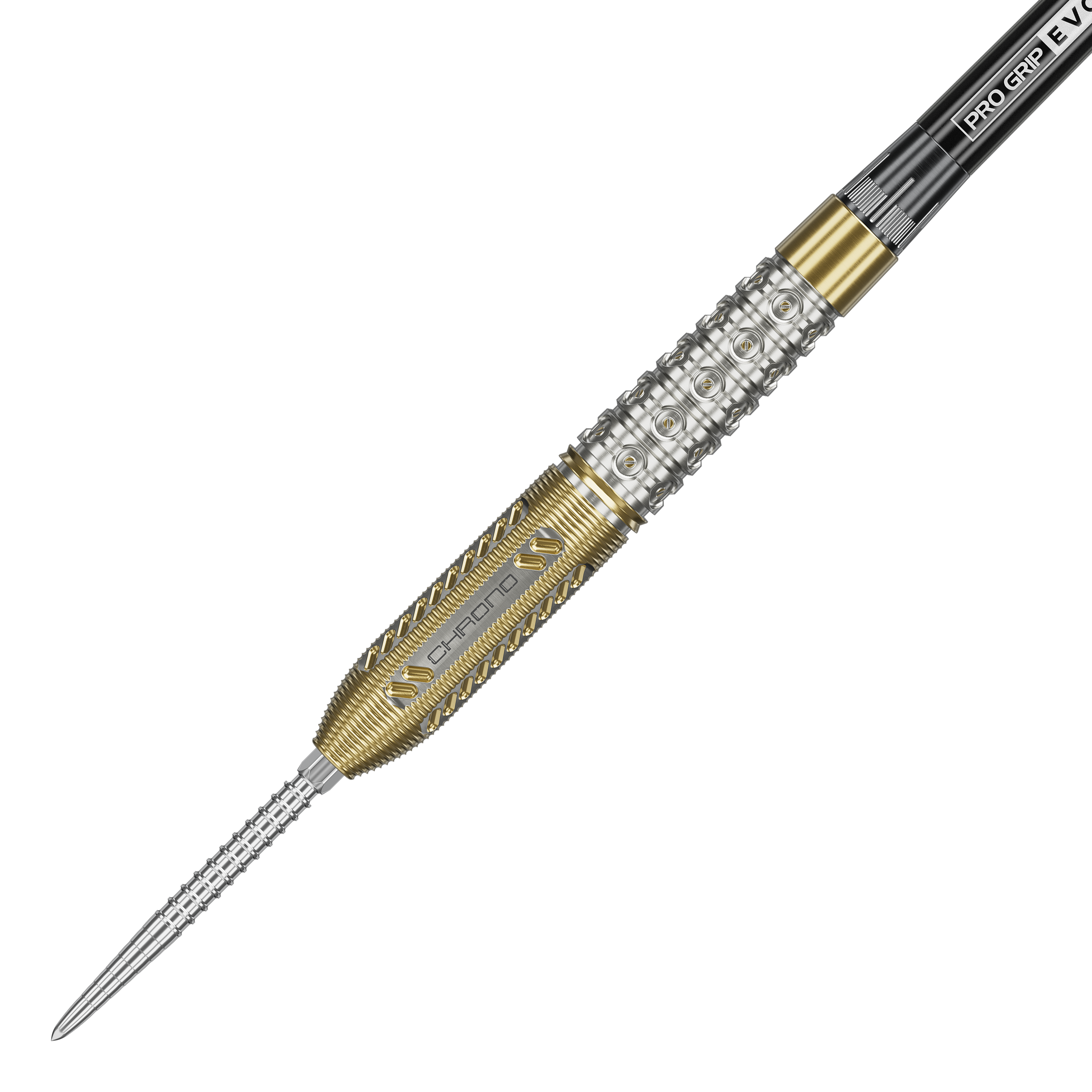 Target Raymond Van Barneveld Chrono 95 Swiss Point Steel Darts Das Bild zeigt einen Steeldart aus der Produktreihe "Target Raymond Van Barneveld Chrono 95 Swiss Point". Der Dartpfeil hat ein silbernes und goldenes Griffstück mit detaillierten Gravuren und Mustern.