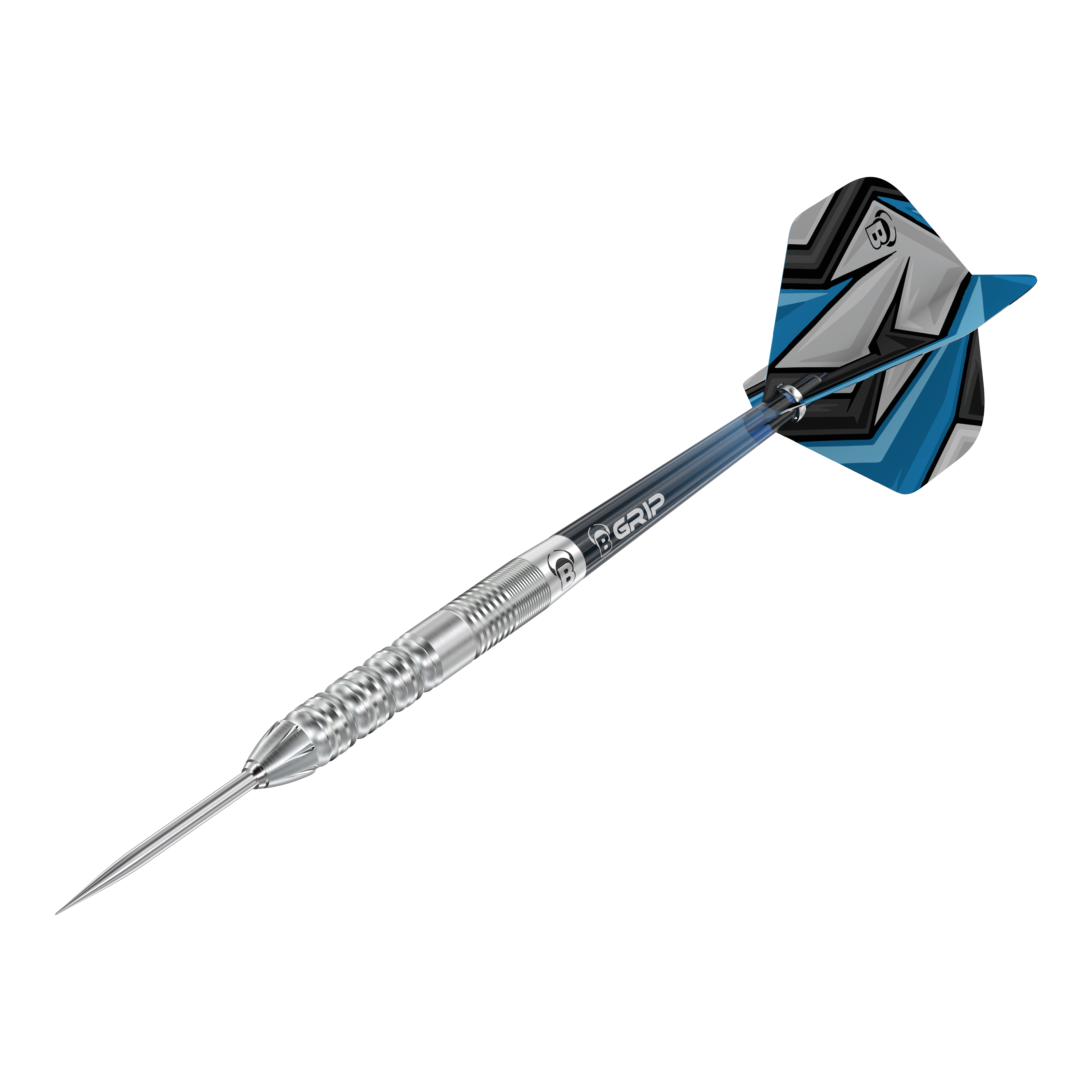 Bulls Stone S2 Steeldarts Das Bild zeigt einen Bulls Stone S2 Steeldartpfeil mit silberner Spitze und Riffelung für besseren Halt. Das Flight-Design ist in Blau, Schwarz und Grau gehalten.