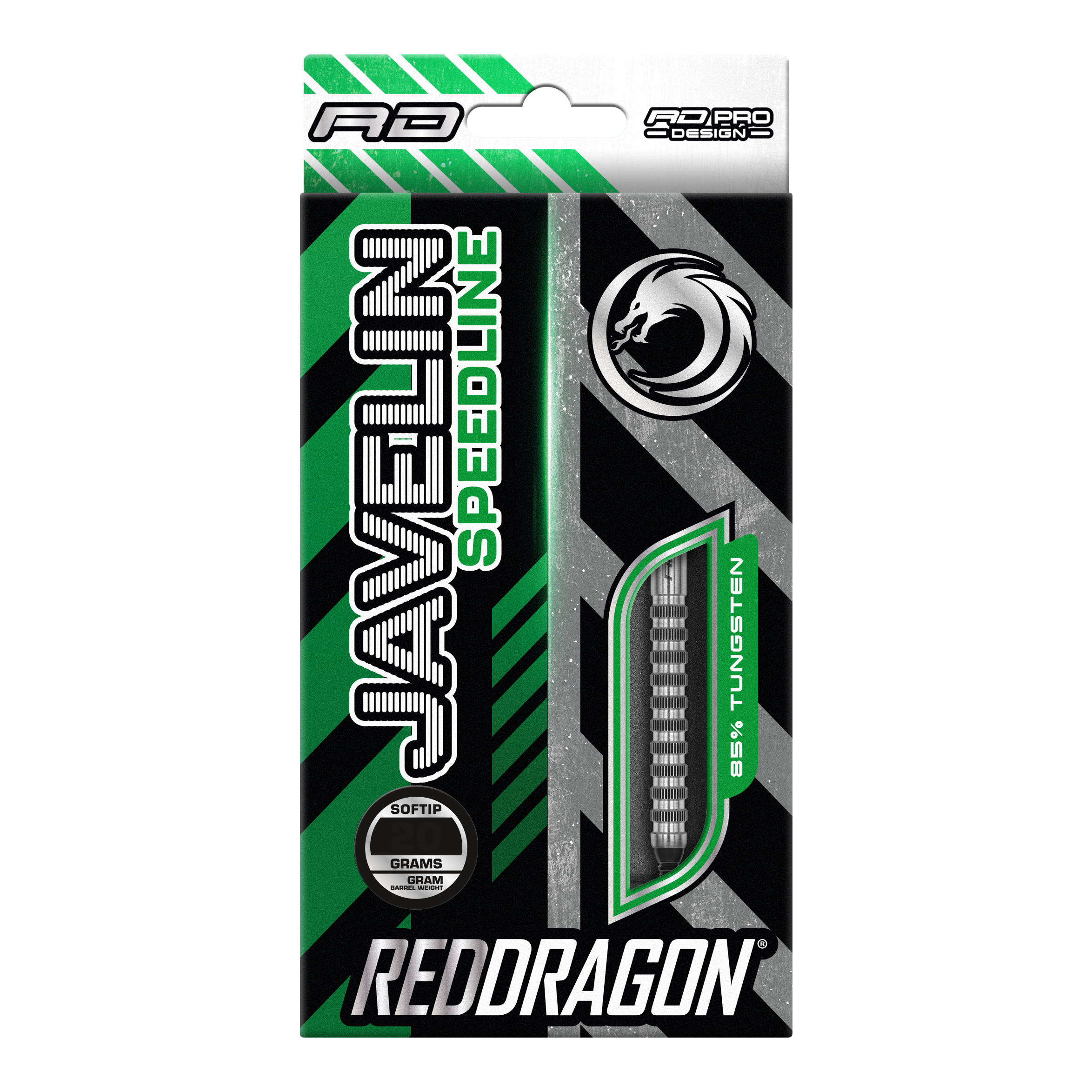 Red Dragon Javelin Speedline Soft Darts - 20g Die Verpackung zeigt die "Red Dragon Javelin Speedline Softdarts" mit 20 Gramm Gewicht. Das Design ist grün, schwarz und silbern und hebt 85% Tungsten hervor.