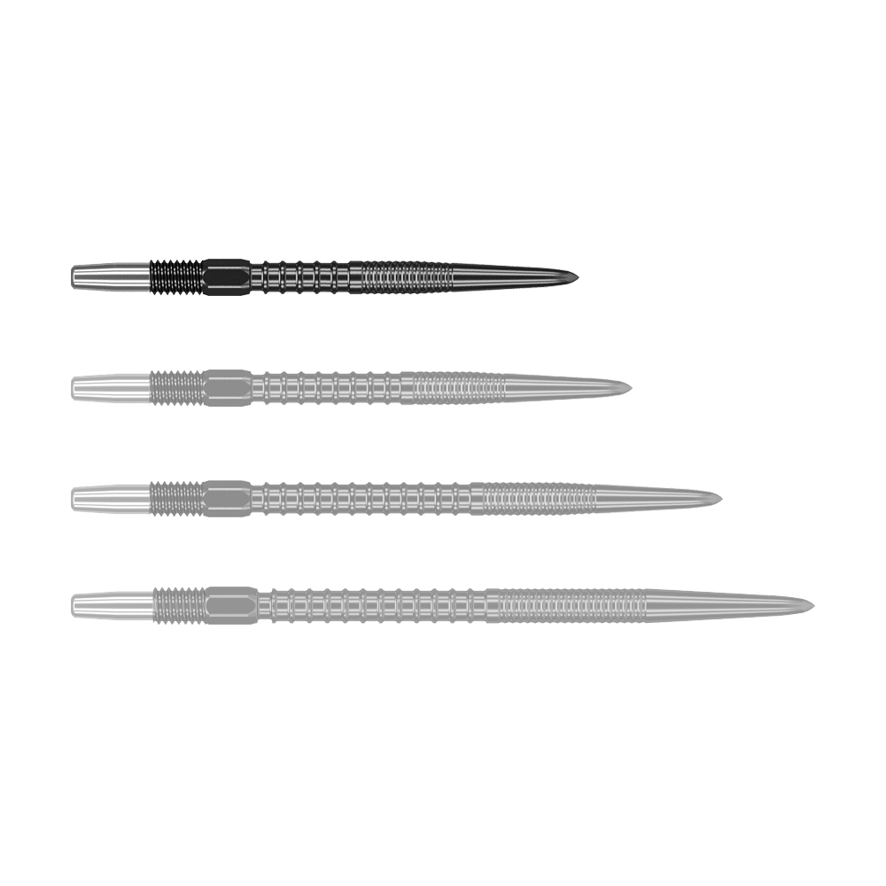 Target Swiss Firepoint Black dart tips Auf dem Bild sind vier schwarze Dartspitzen in einer Reihe zu sehen. Sie sind aus Metall und haben ein modernes, gerilltes Design.