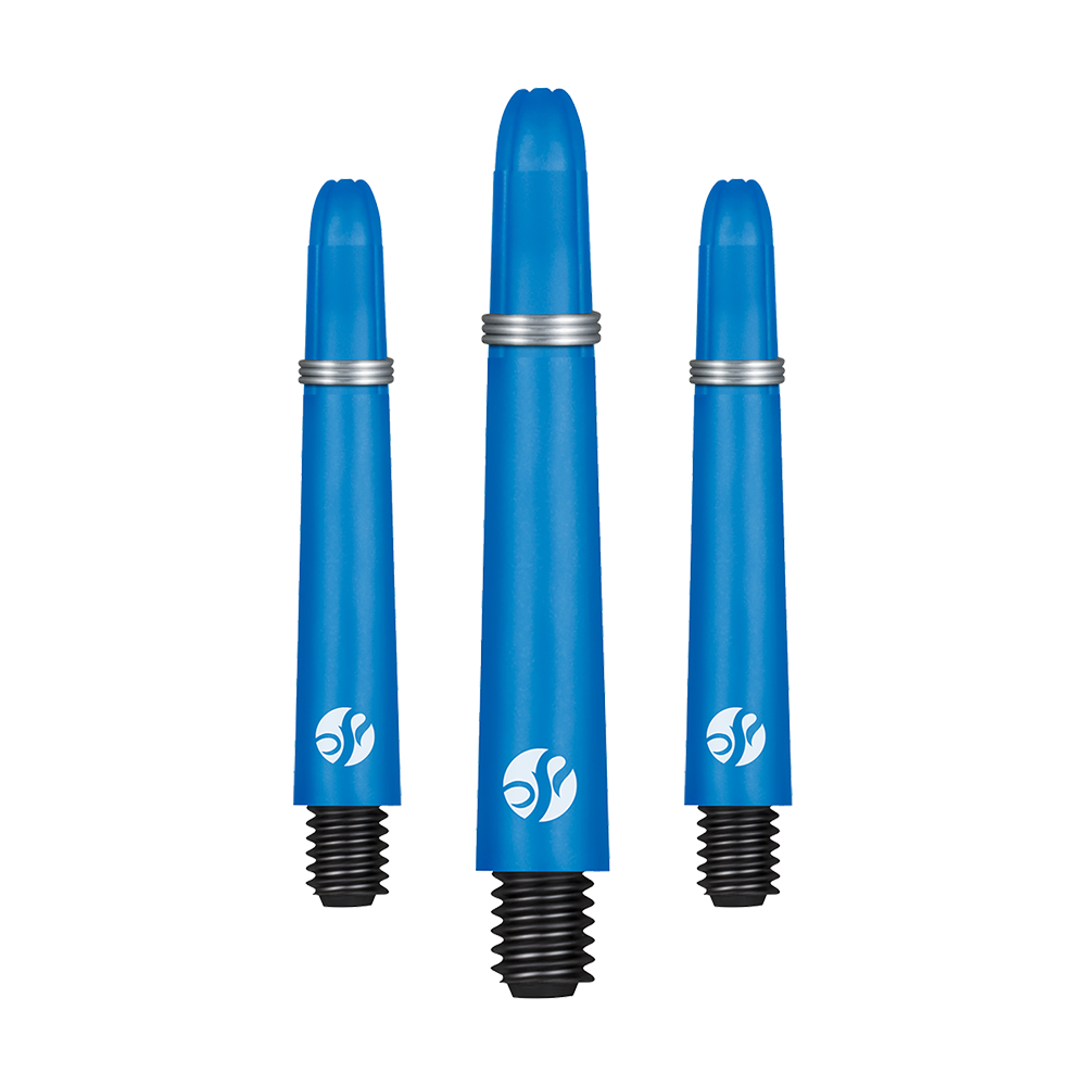 Shot Koi Carbon Shafts - Blue Auf dem Bild sind drei blaue Dartschäfte in unterschiedlicher Länge zu sehen. Sie bestehen aus Carbon und haben schwarze Gewinde sowie silberne Ringe.