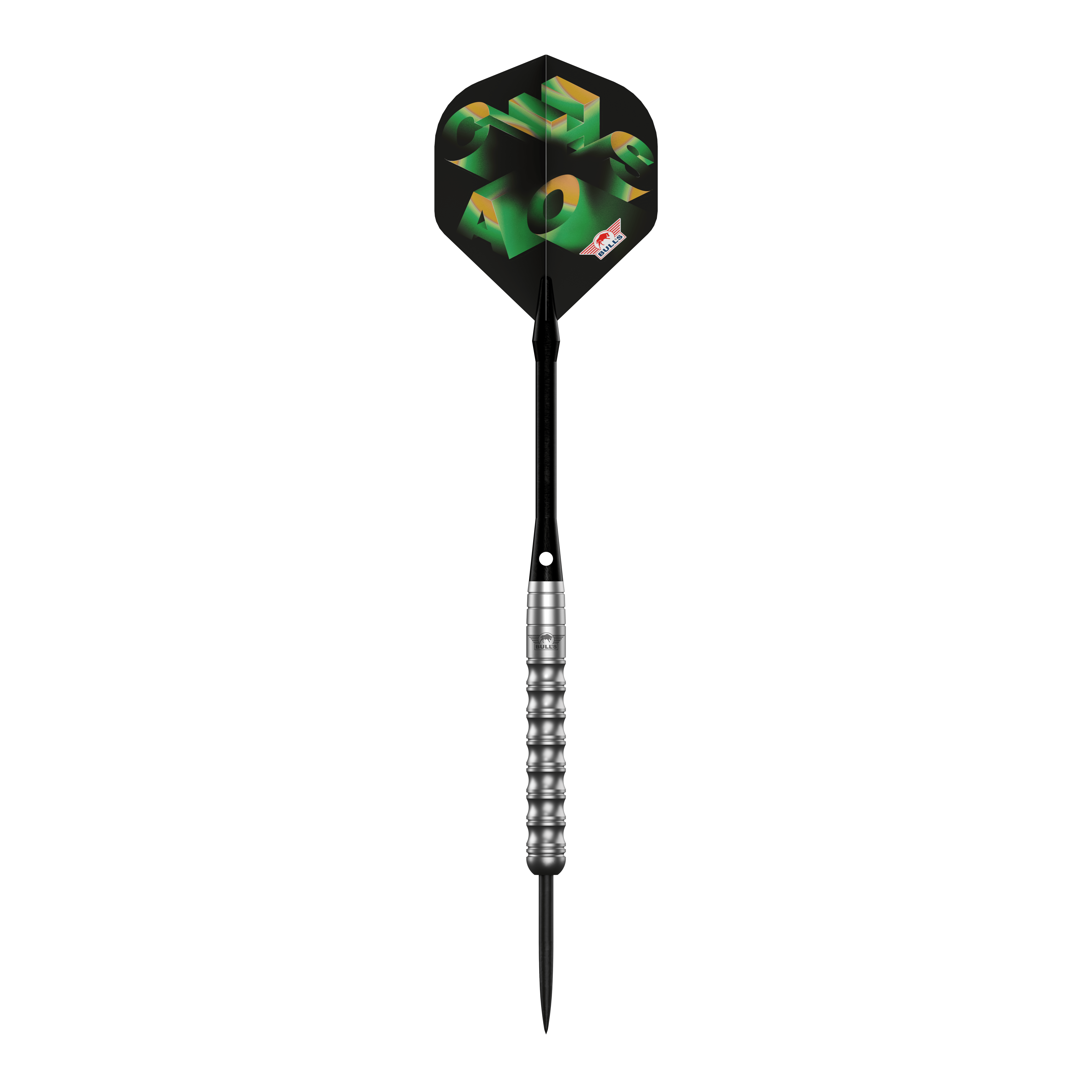 Bulls NL Chaos Green Steel Darts - 24g Das Bild zeigt die Bulls NL Chaos Green Steeldarts - 24g. Es handelt sich um ein Set grüner Steeldarts für Dartspieler.
